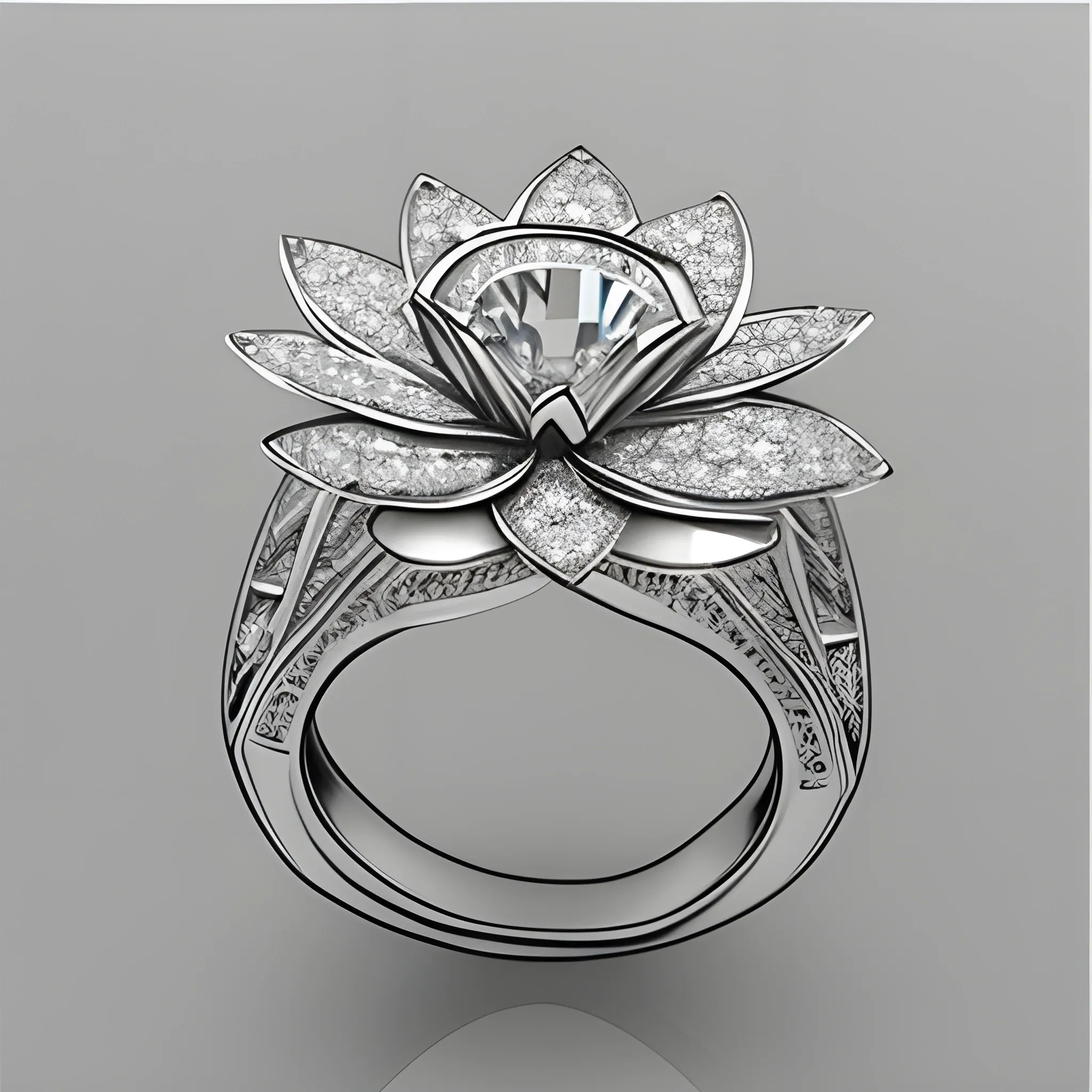 , Pencil Sketch Create a flower-shaped ring with a central white 0,05 carat diamond surrounded by 6 pice of drop shaped brown diamonds, fitting around the central brilliant
