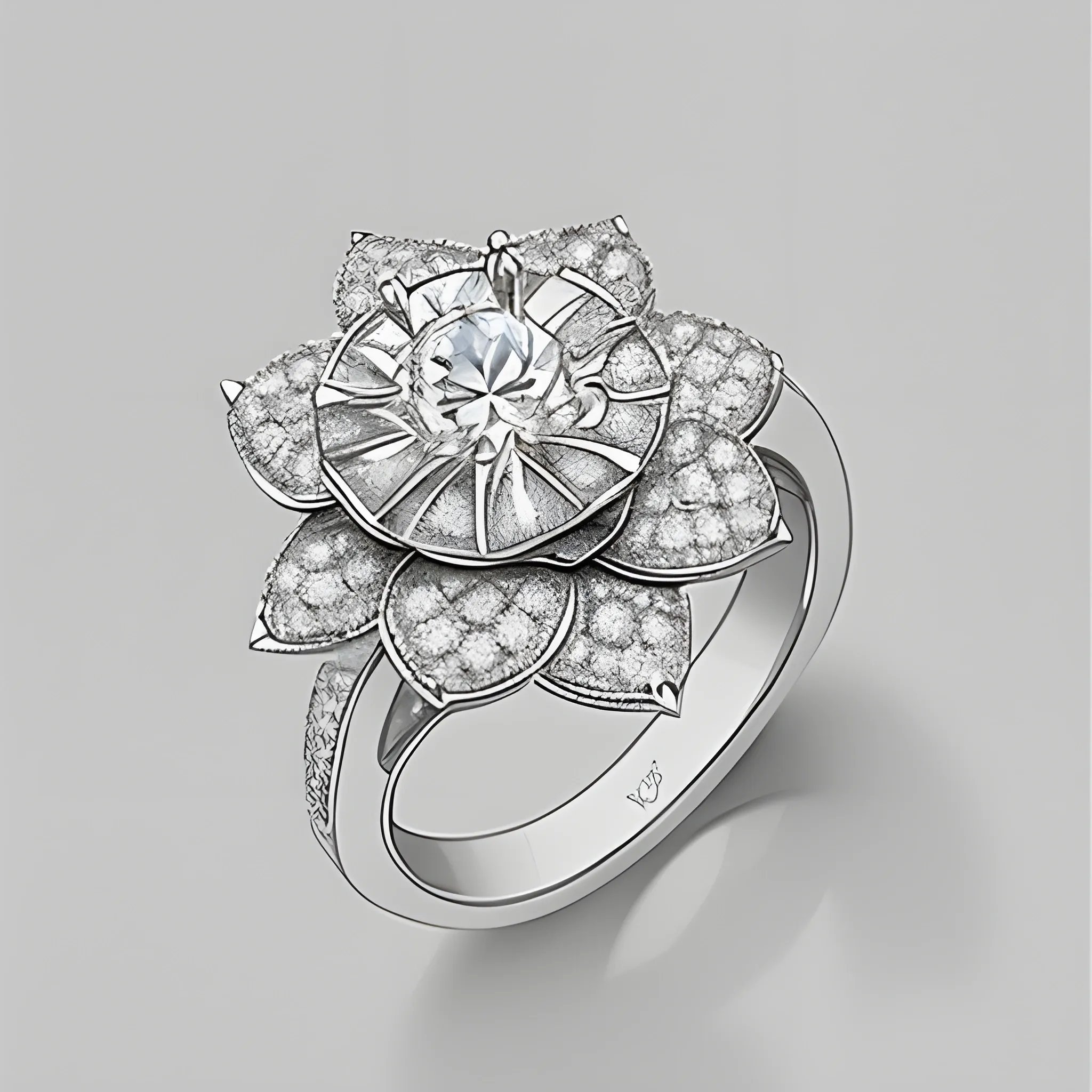, Pencil Sketch Create a flower-shaped ring with a central white 0,05 carat diamond surrounded by 6 pice of drop shaped brown diamonds