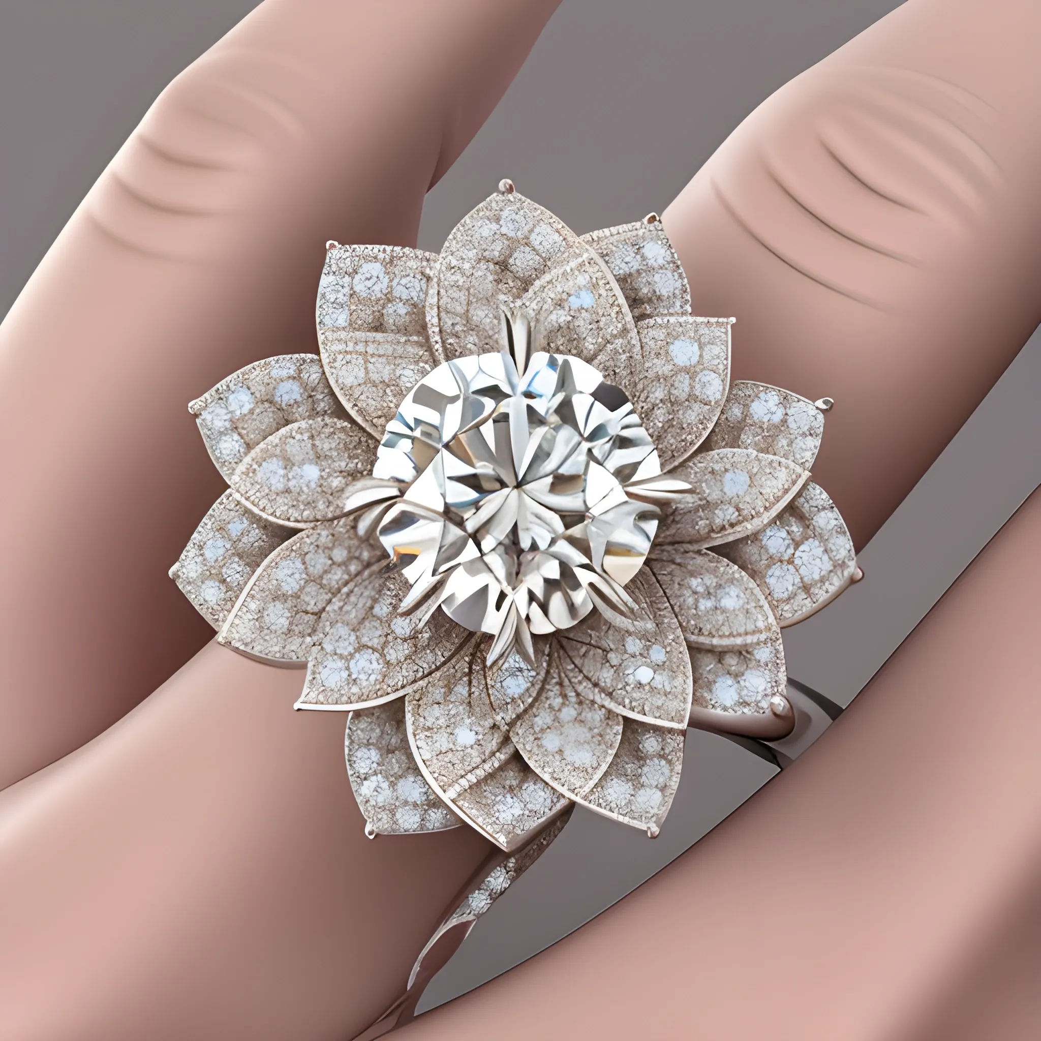  a flower-shaped ring with a central white 0,05 carat diamond surrounded by 6 pice of drop shaped brown diamonds, 3D