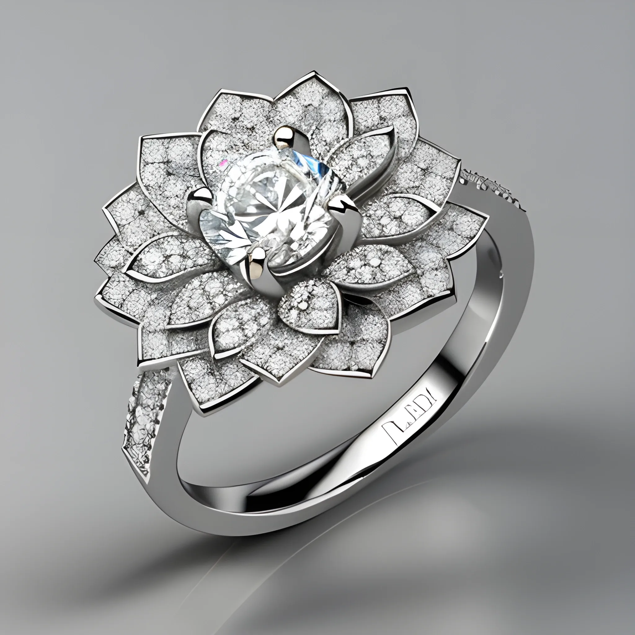  a flower-shaped ring with a central white 0,05 carat brilliant surrounded by 6 little pice of drop shaped brown diamonds, 3D