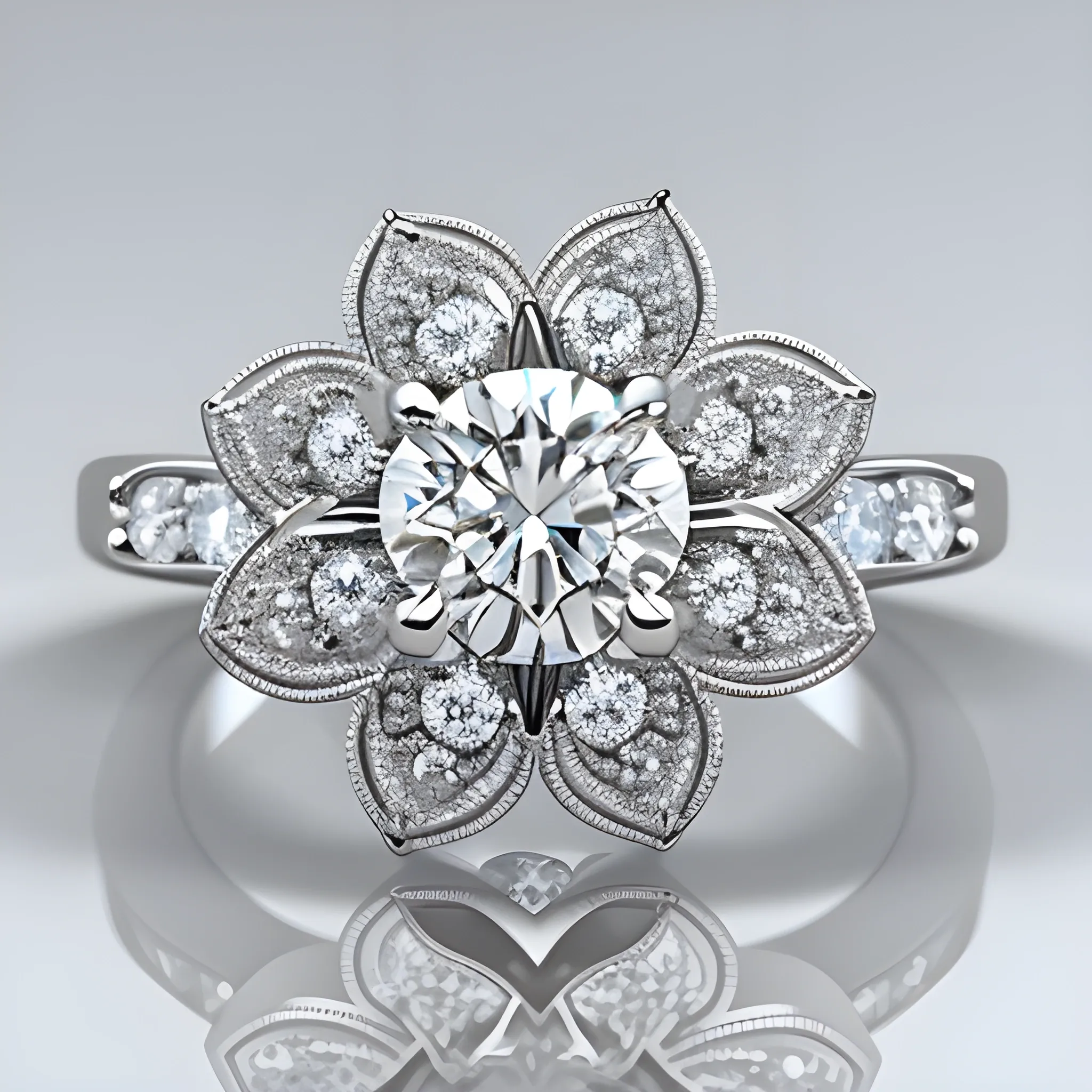  a flower-shaped ring with a central white 0,05 carat brilliant surrounded by only 6 piece of little drop shaped brown diamonds, 3D