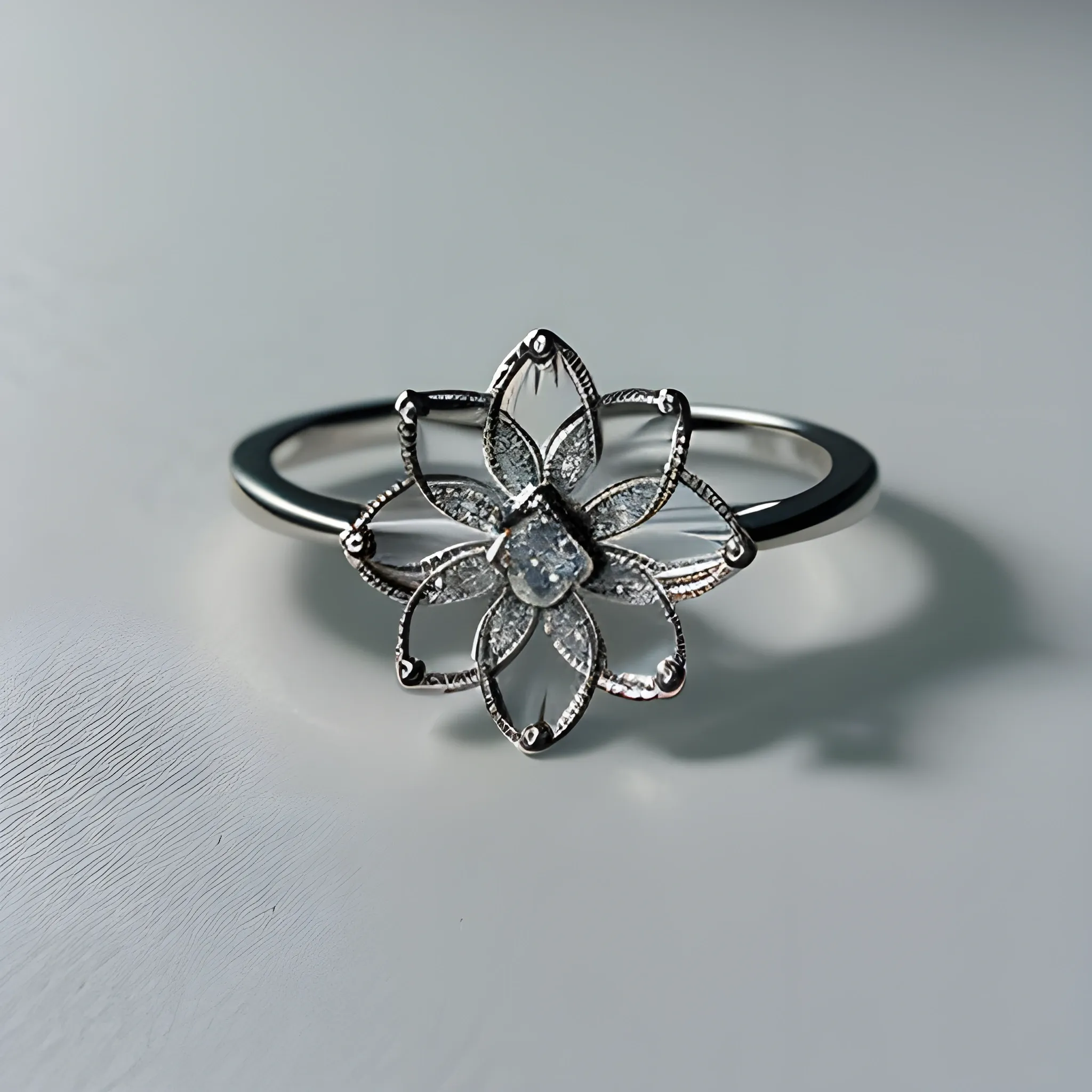  a flower-shaped ring with a central white 0,05 carat brilliant surrounded by only 6 piece of little drop shaped brown diamonds, 3D, Pencil Sketch