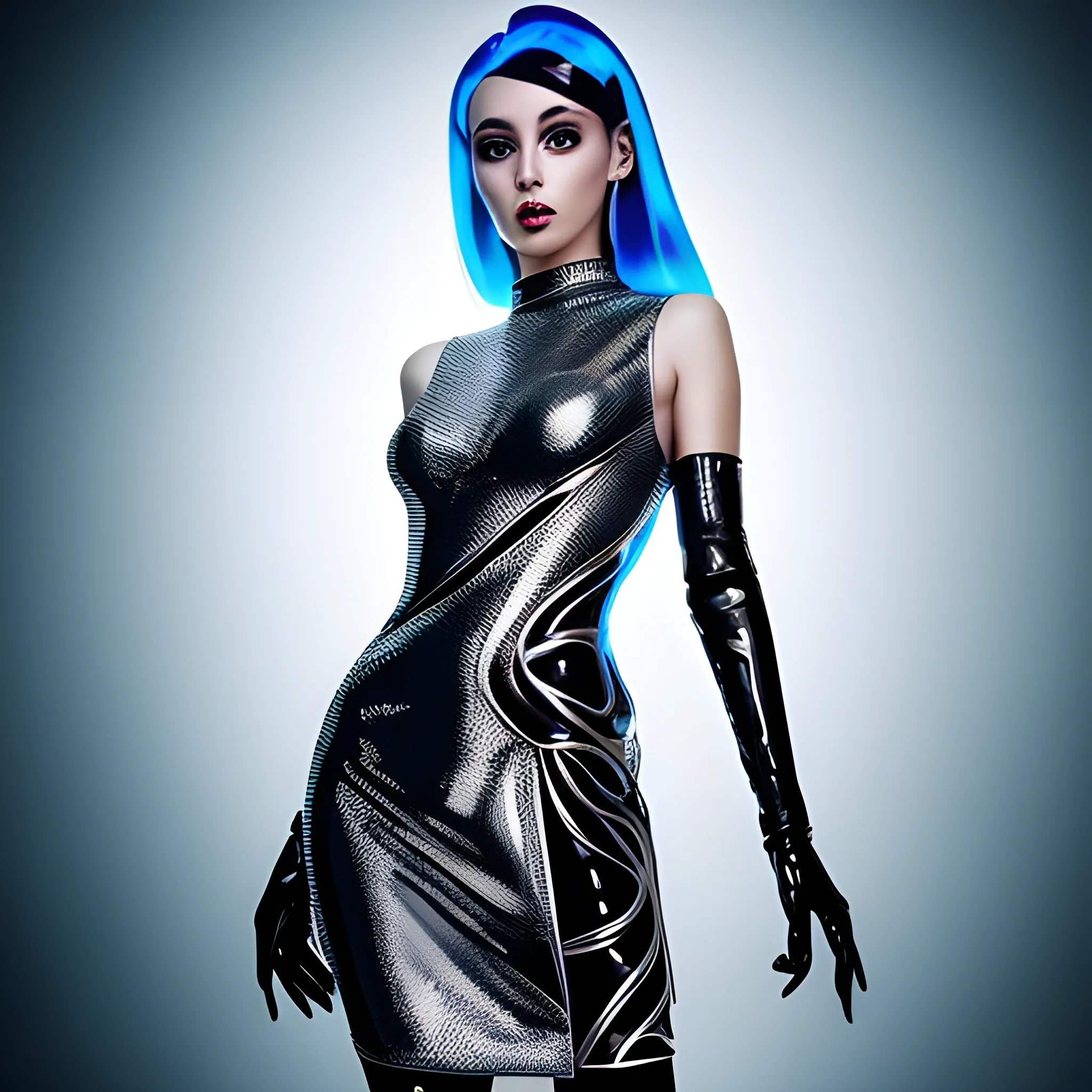 A woman wearing a futuristic-style outfit, consisting of a silver and black dress. The dress has a unique design, incorporating a metal-like material or metallic pieces, giving it a sleek and modern appearance. The woman is posing against a glittering, neon-colored background that complements the dress's futuristic vibe.