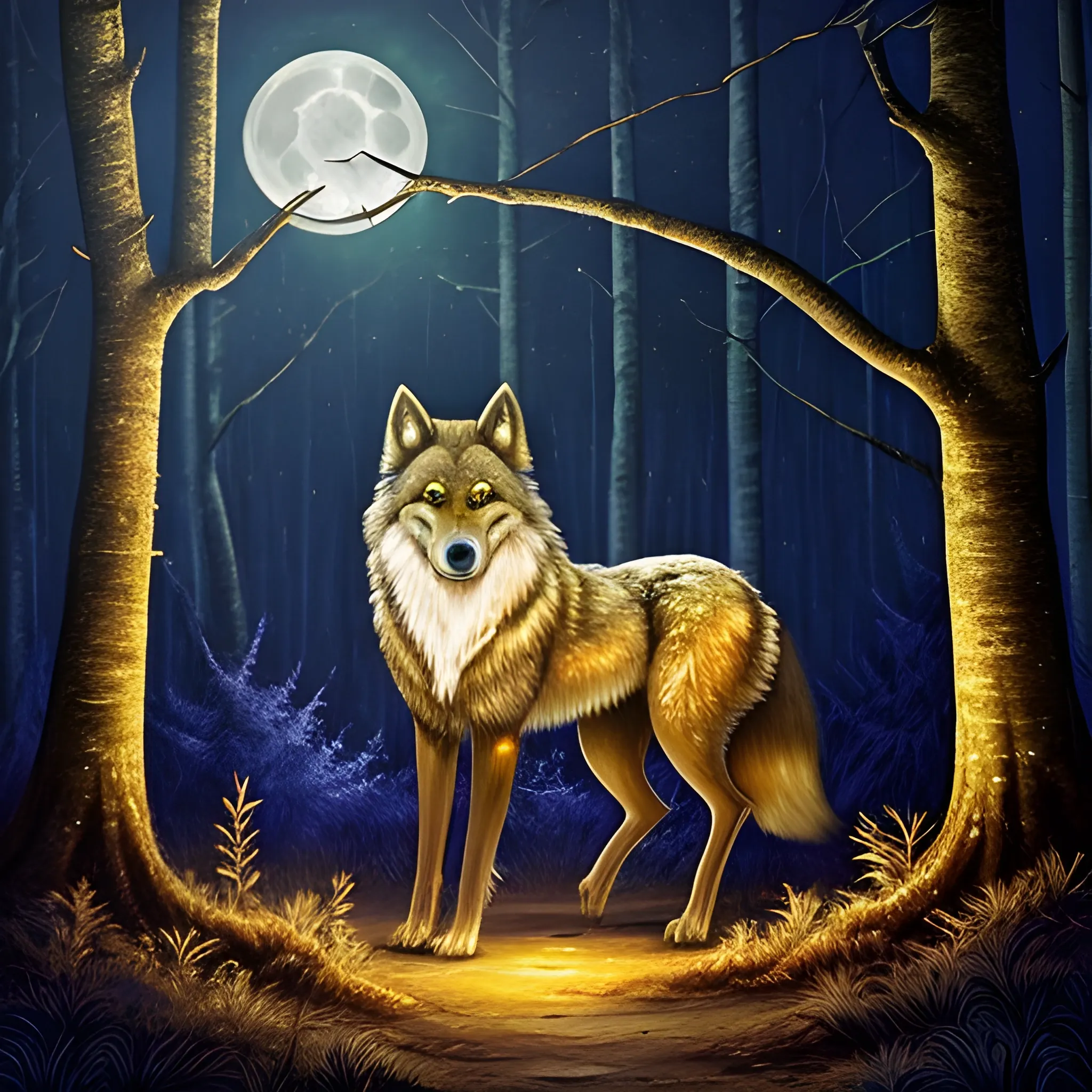 in a mystical forest where the moonlight holds magical properties, depict the behavior of golden furred big wolf as he navigate through the shimmering night.
