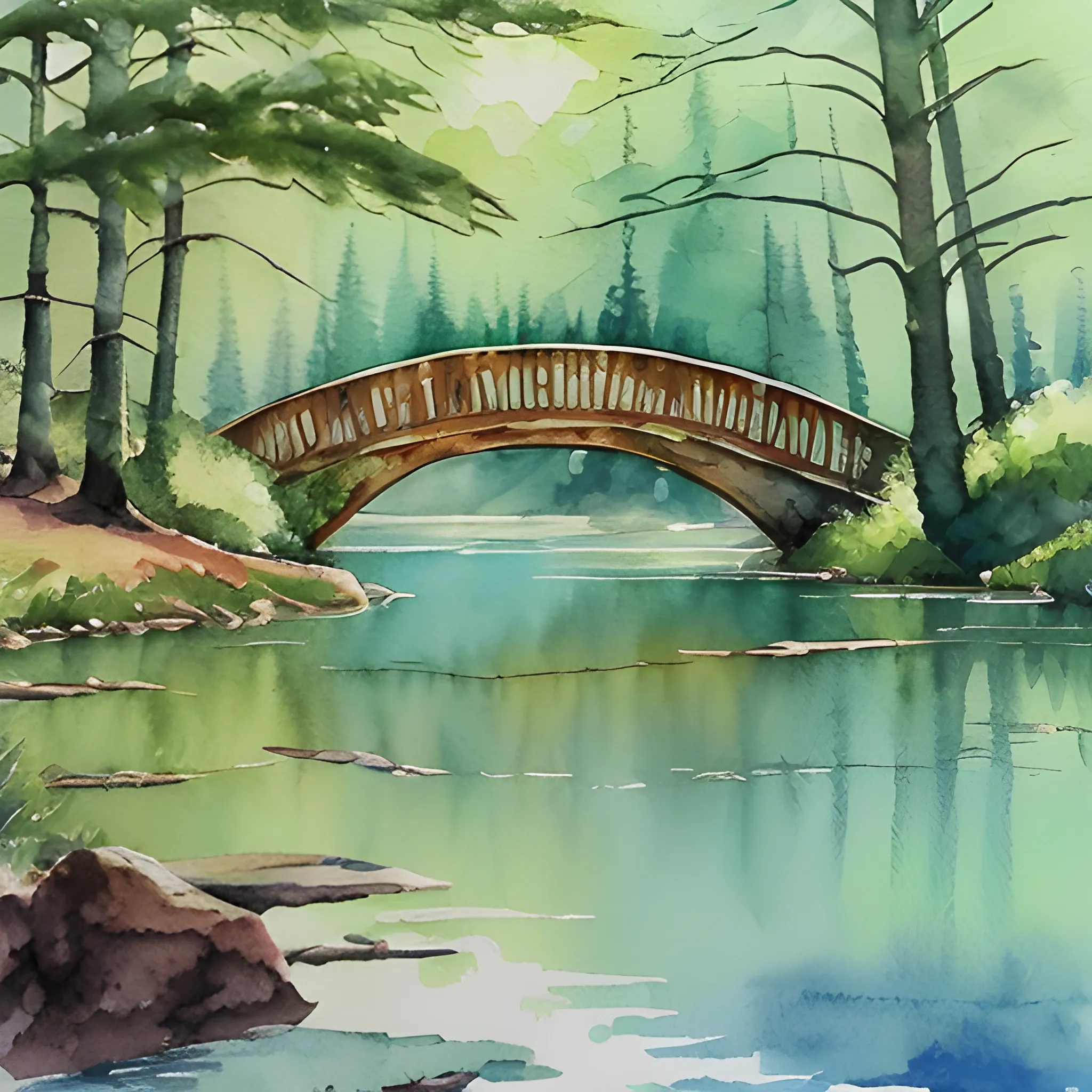 lake around forest
bridge, Water Color