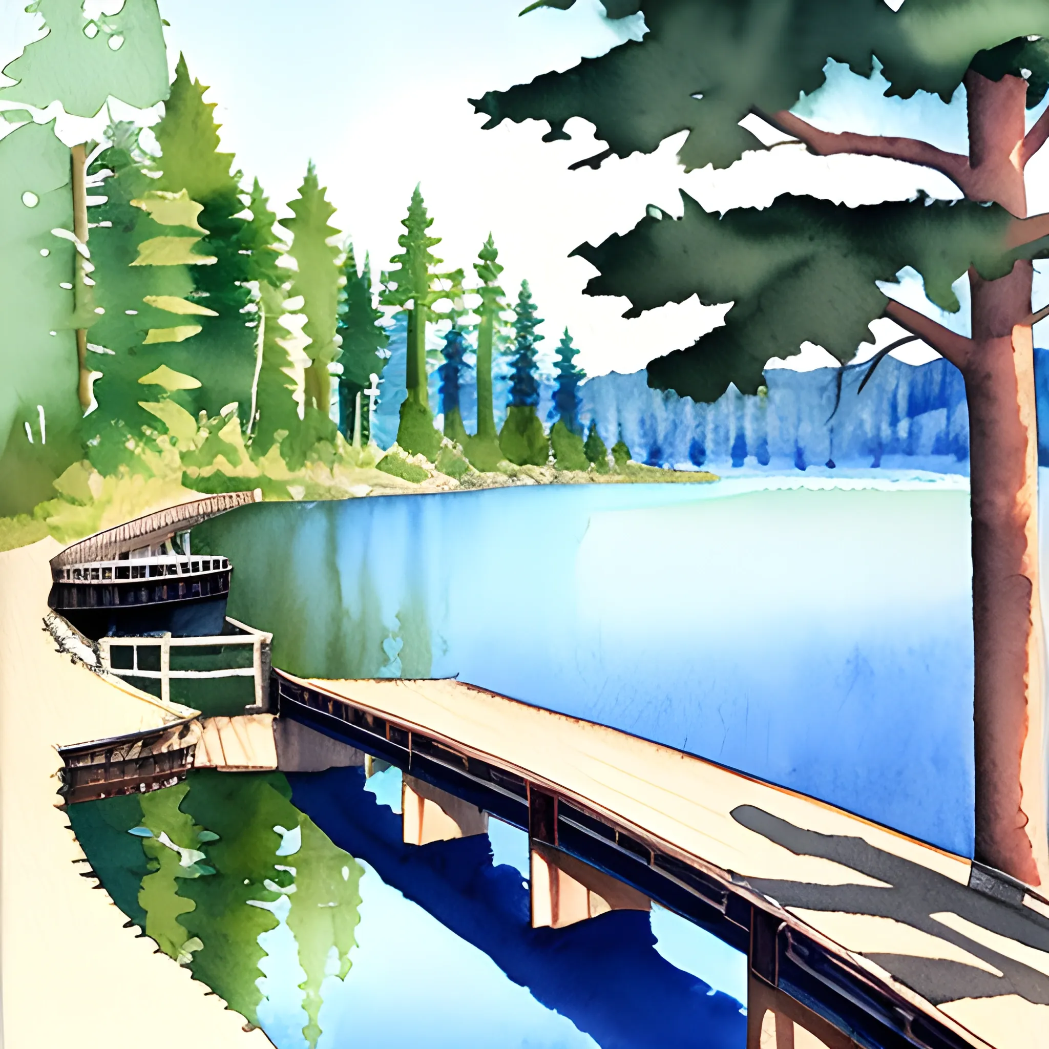 lake around forest
bridge
long beach, Water Color