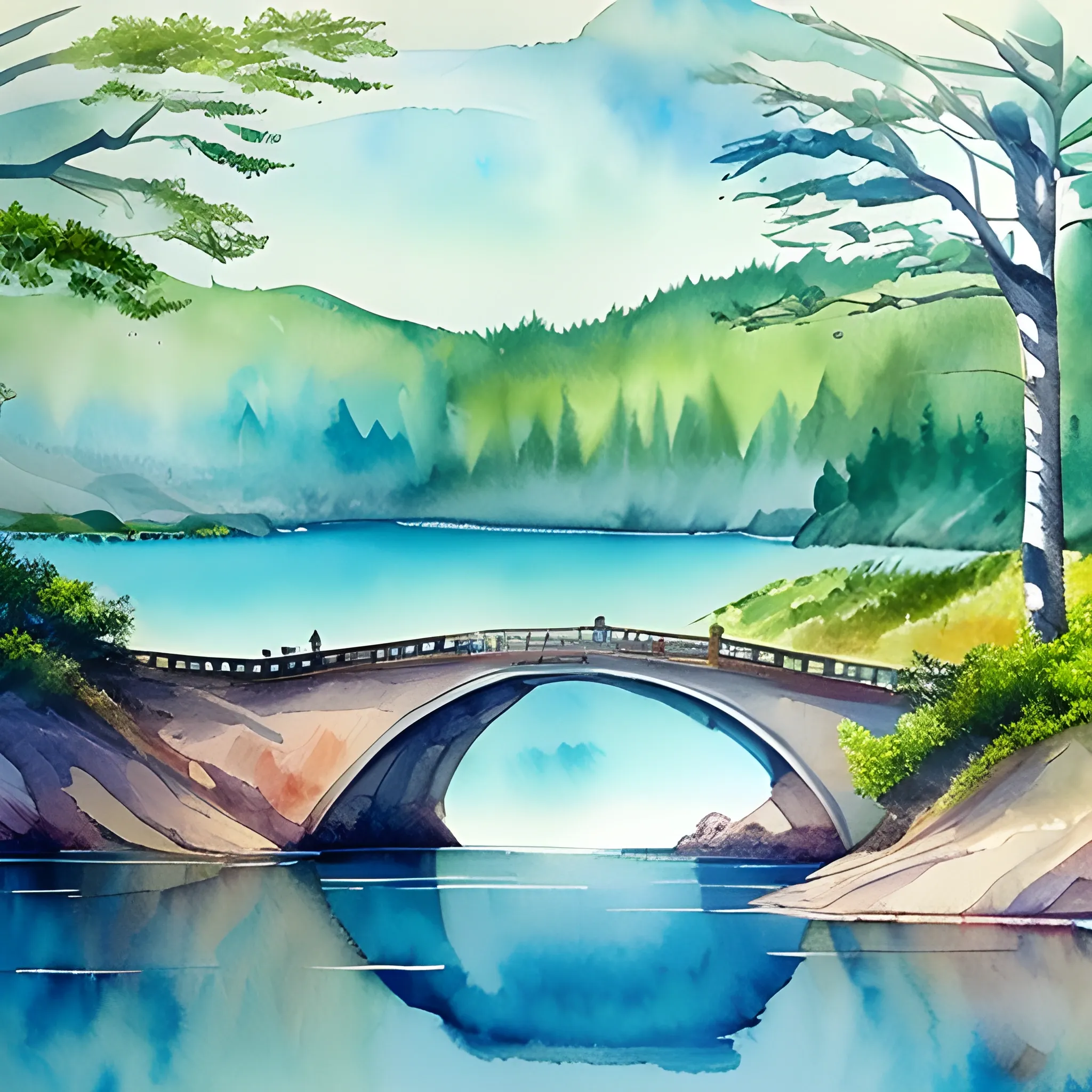 lake around forest
bridge
large coast, Water Color