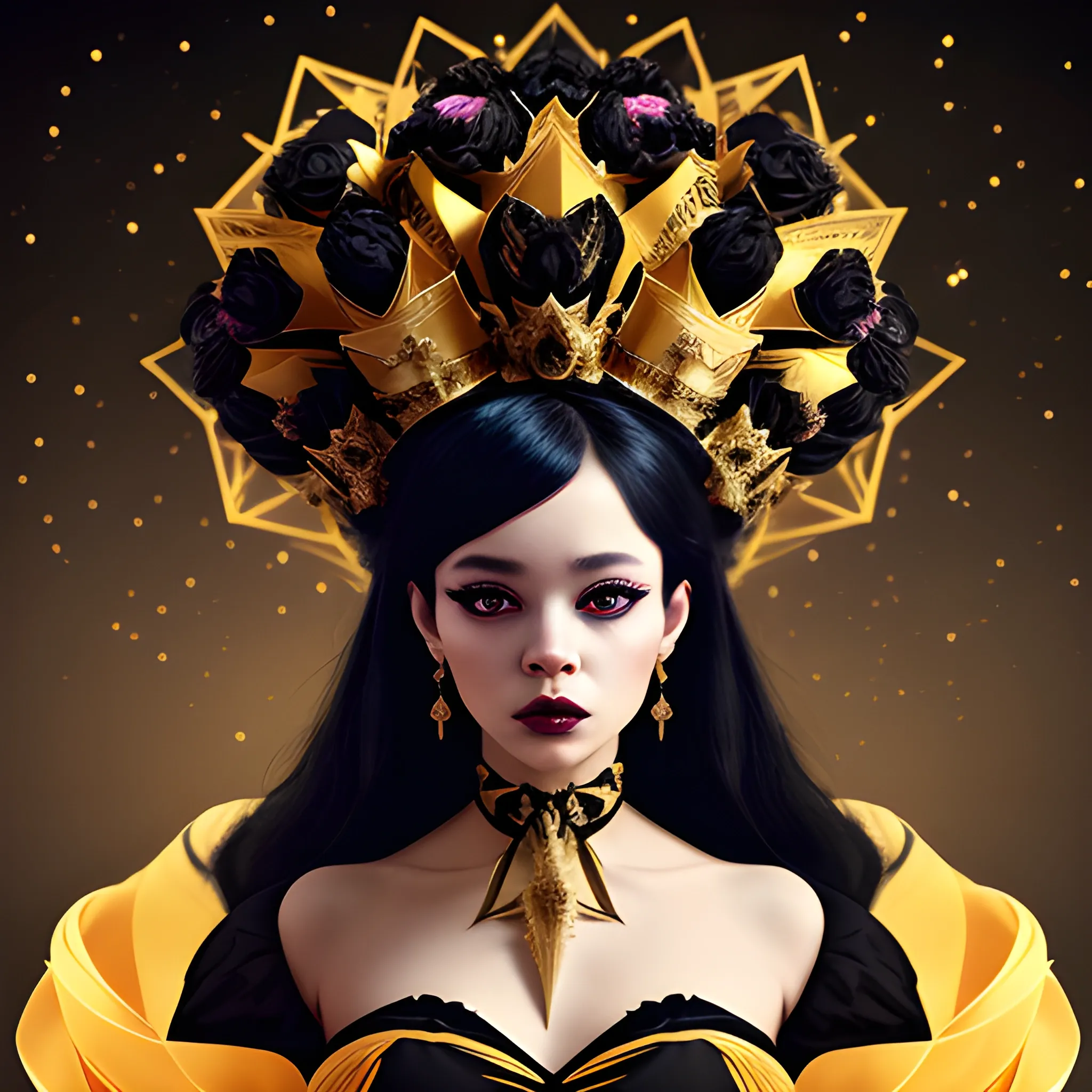 Lay bad wearing nighty, A human chimera between black and royal gold in ribbons with explosion, the pompous crown on her head glows like stars, conceptual art, illustration, cinematic, portrait photography, dark fantasyv0.2

