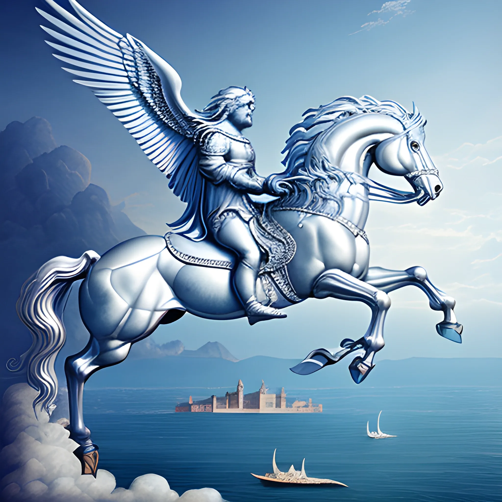 leonardo da vinci flying planor as blue silver metal pegasus logo, futuristic Venetian background, cinematic composition