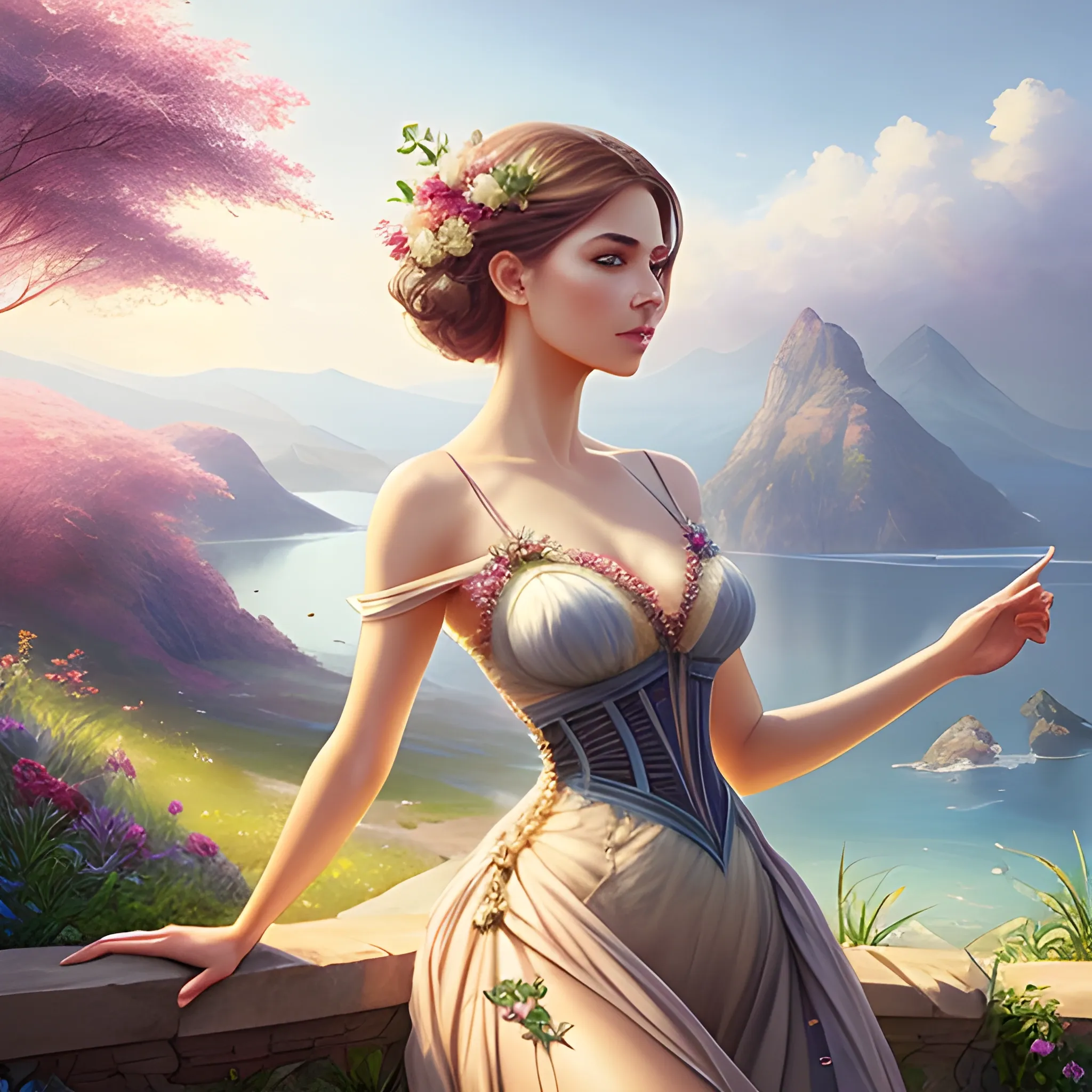 Beautiful woman dressed in summer dress, art by Artgerm, epic fantasy nature view, masterpiece, best quality, 