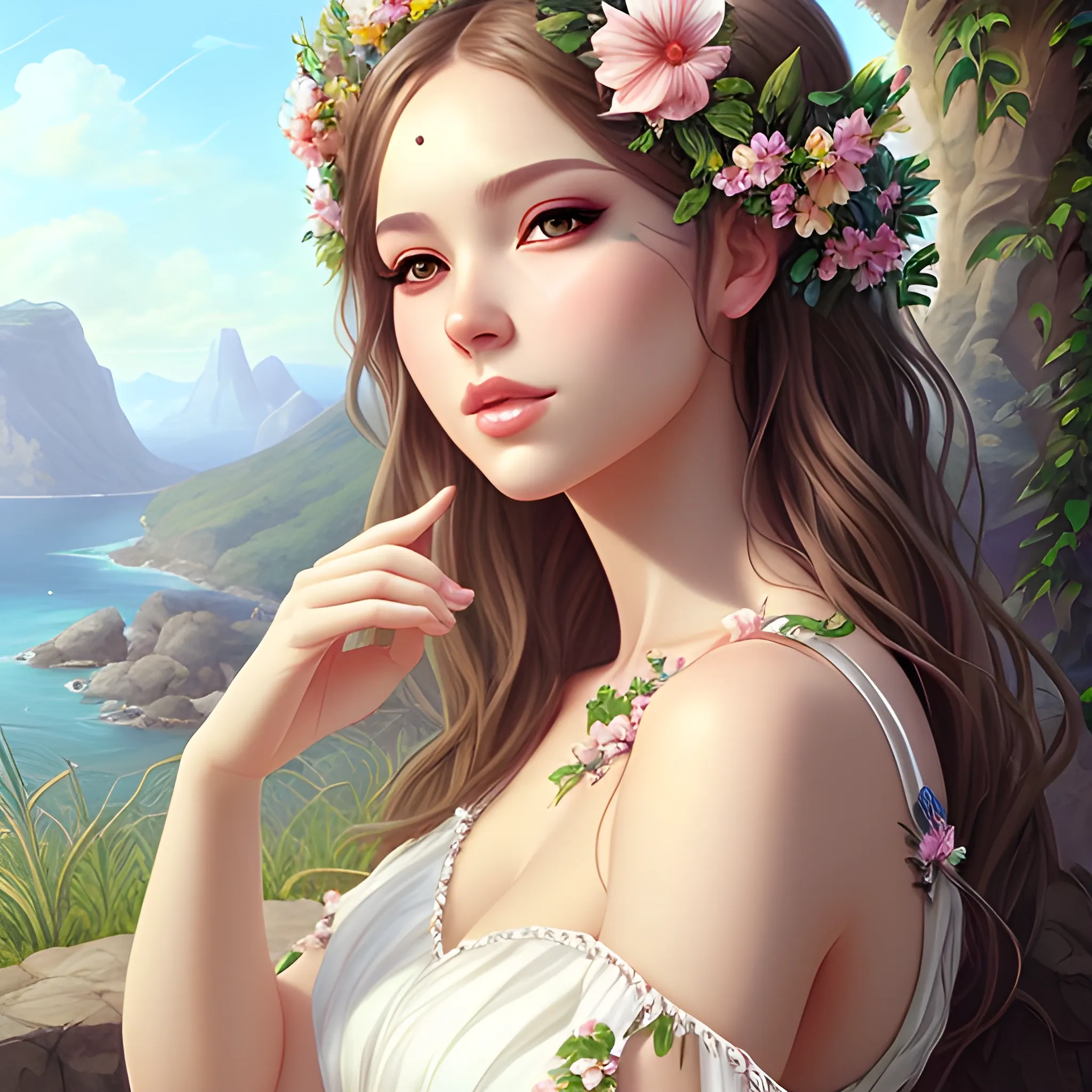 Beautiful woman dressed in summer dress, art by Artgerm, epic fantasy nature view, masterpiece, best quality, detailed face , pastel Painting, SFW