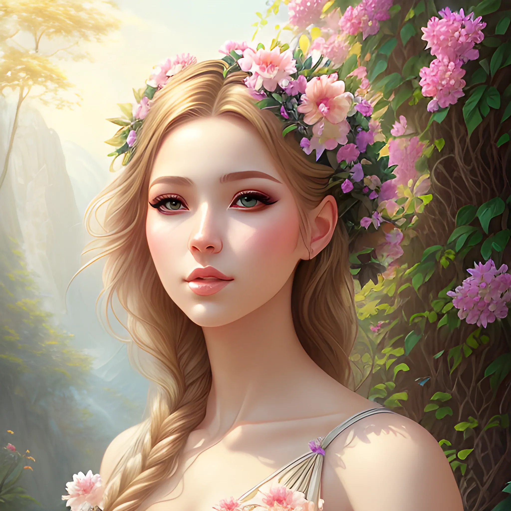 Beautiful woman dressed in summer dress, art by Artgerm, epic fantasy nature view, masterpiece, best quality, detailed face , intricate textures, high resolution, pastel Painting, SFW