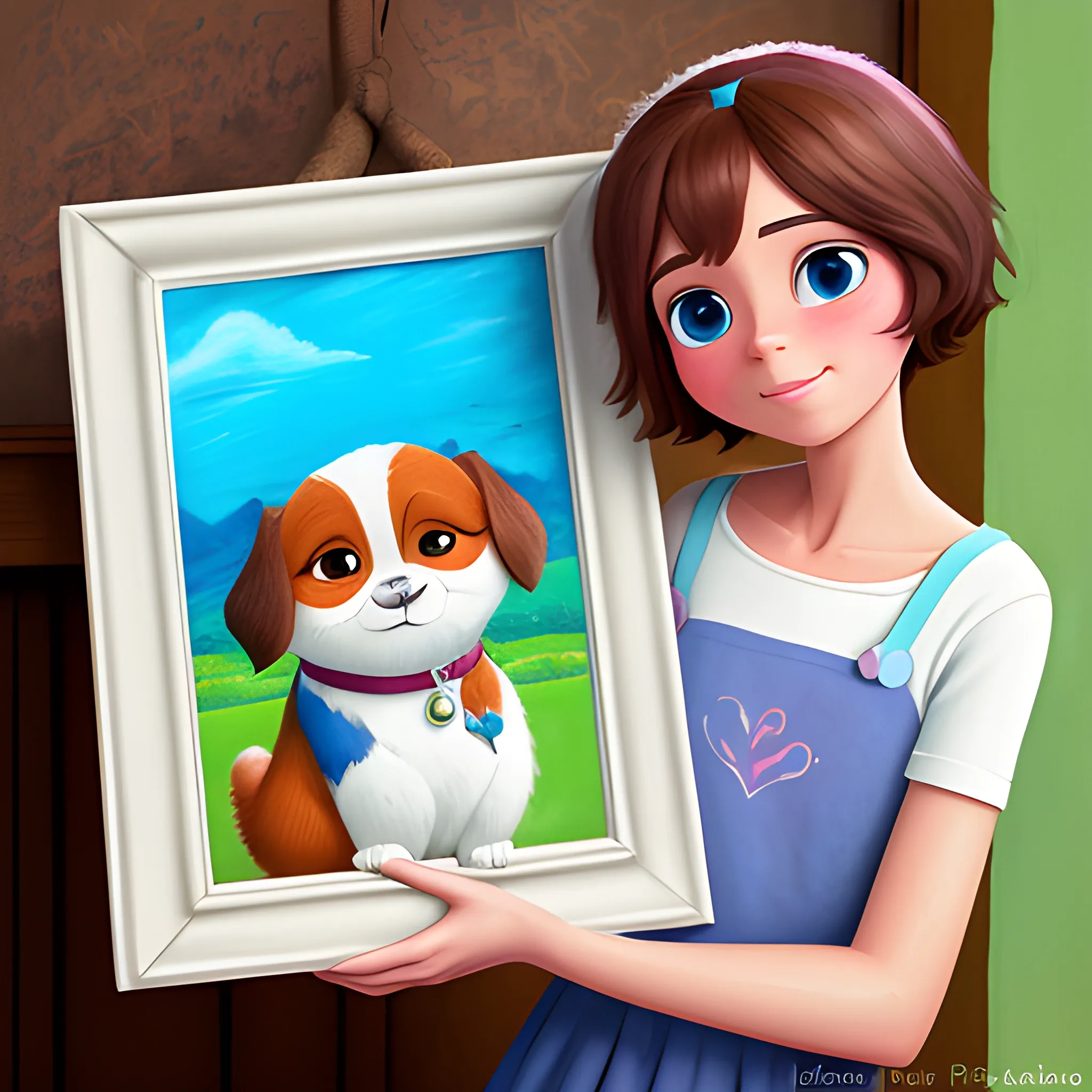 Imagine a romantic scene where Max, the charming protagonist of The Secret Life of Pets, holds up a hand-painted cartel that reads: "¿Quieres ser mi novia?" The soft pastel colors and delicate brushstrokes add a touch of whimsy to this heartwarming image.