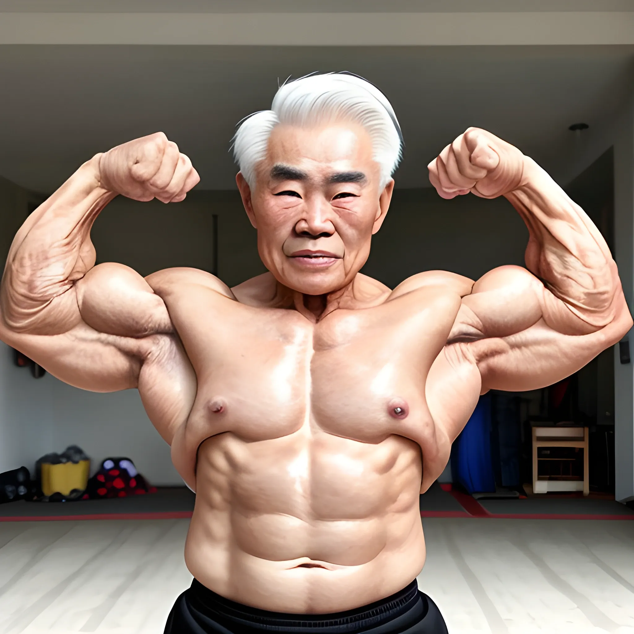 An 80-year-old Chinese grandfather, bodybuilding competition, well-proportioned, white hair, white eyebrows, handsome, whole body, normal muscles