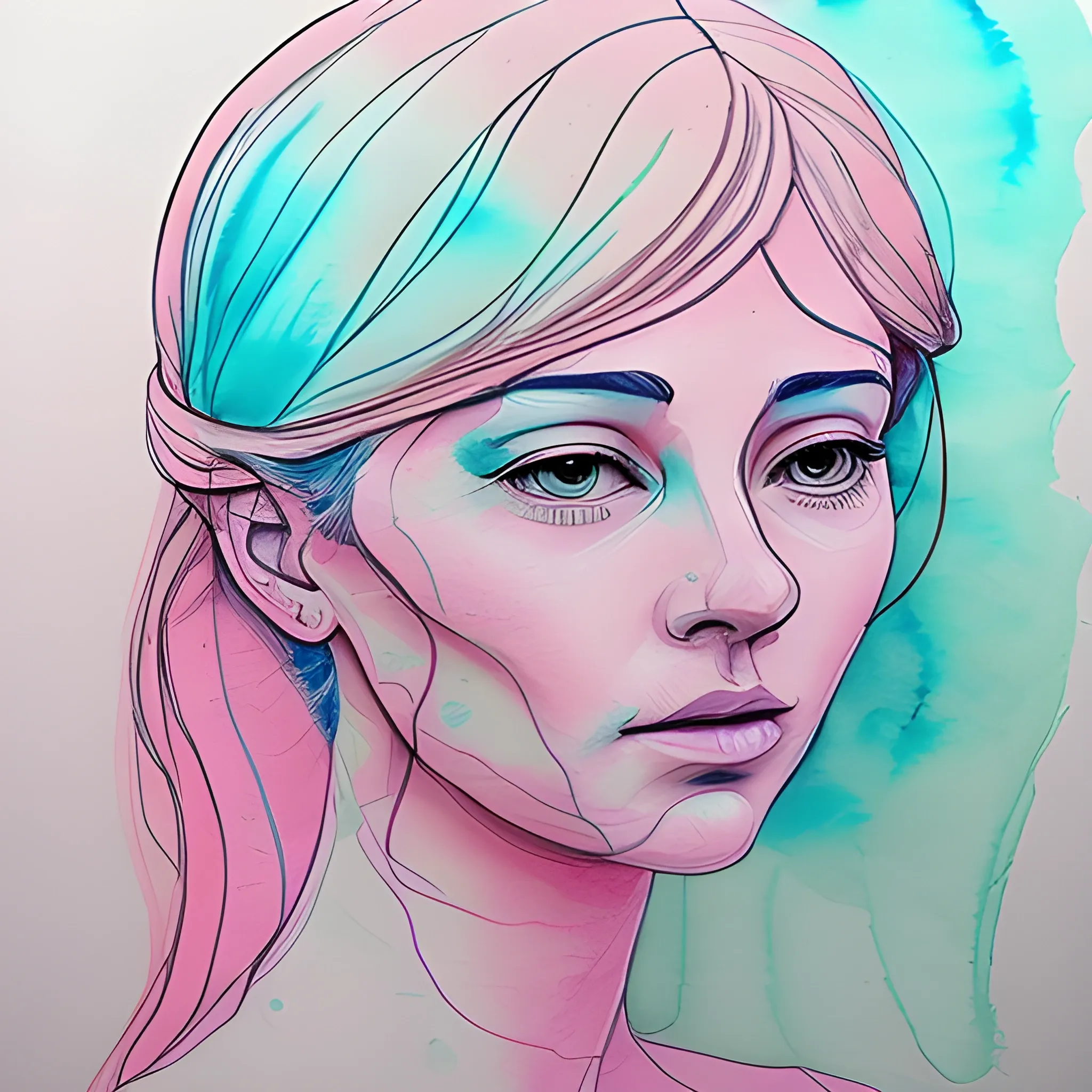 Continuous line drawings of women and men with pastel colors, Water Color