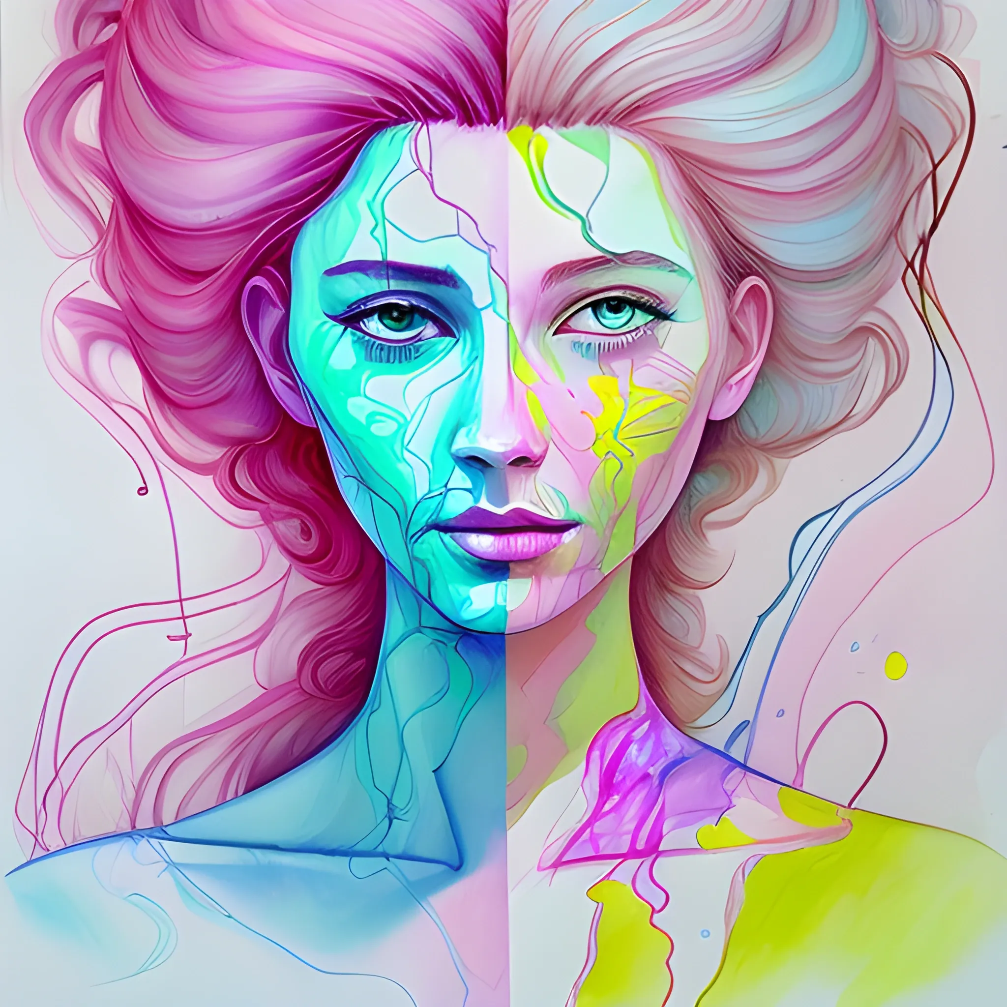 Continuous line drawings of women and men with pastel colors, Water Color, Oil Painting, Trippy