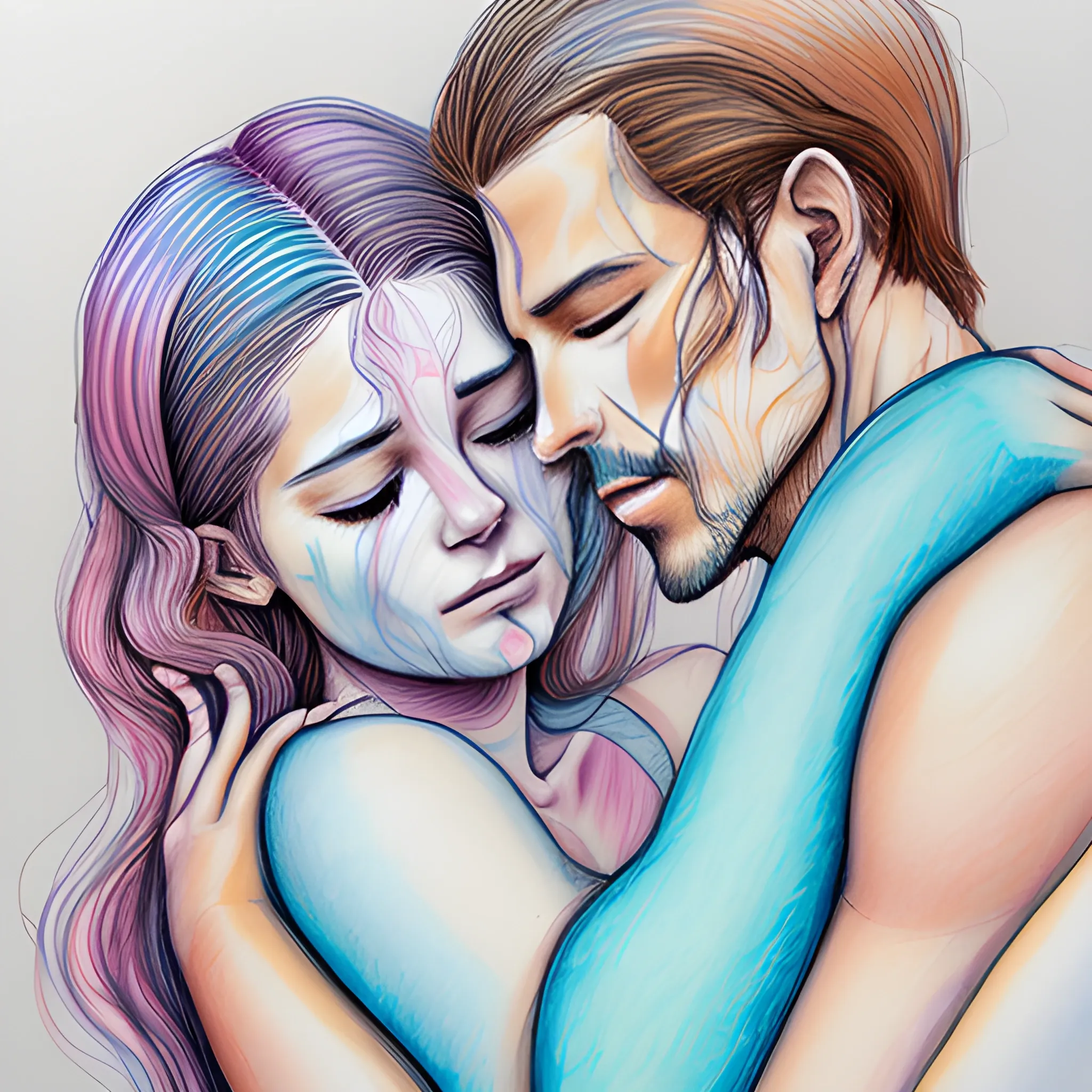 Continuous line drawings of women and men with pastel colors hugging each other with heads attached to eachother,Water Color, Oil Painting, Trippy, Pencil Sketch,