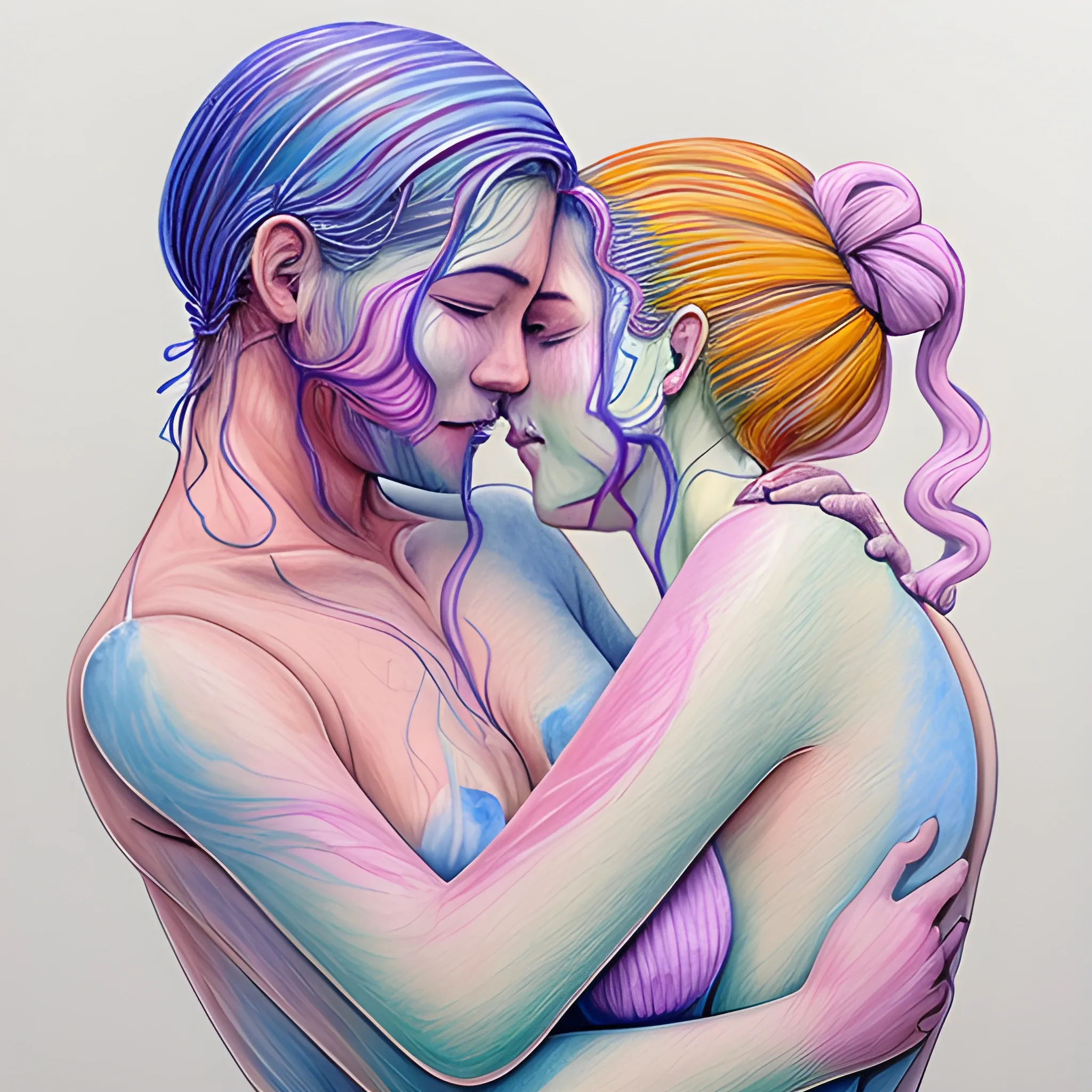Continuous line drawings of women and men with pastel colors hugging each other with heads attached to eachother,Water Color, Oil Painting, Trippy
