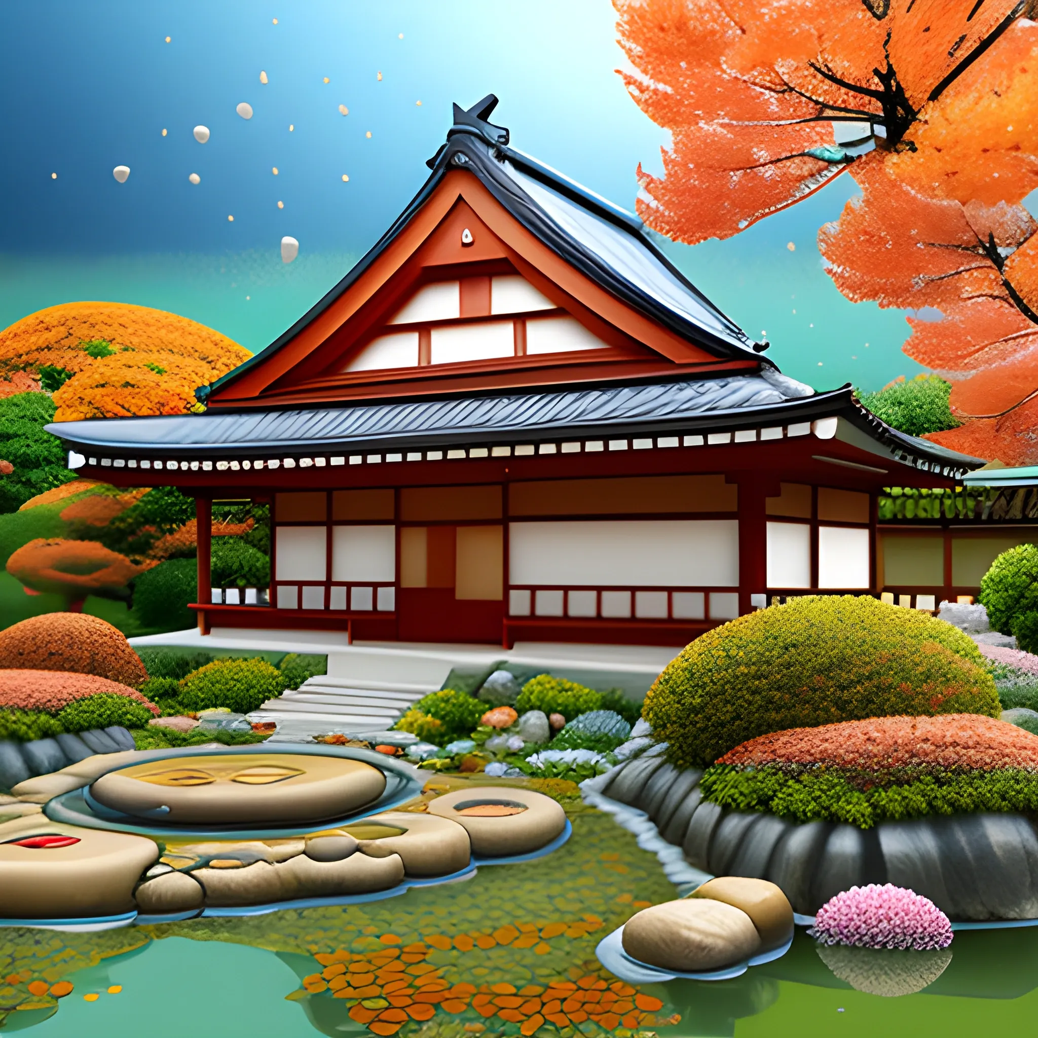 Annual, 3d terracotta illustration create Autumn full flowering around houses of Japan and water dripping from stones with colourfull flowers