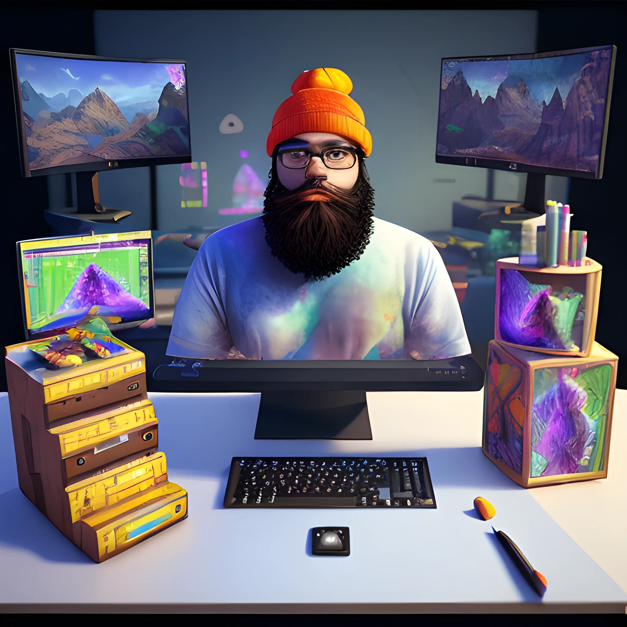 A bearded brown skin programmer with beanie working on his desk with multiple monitors, surreal, realistic, unreal engine 5, colorful, 3d, isometric, fantasy, sci-fi, architecture, web design, ui/ux, ui, ux, 3D, Water Color, Water Color, Pencil Sketch, Cartoon, Trippy, Oil Painting, Water Color, 3D, 3D, 3D, Trippy