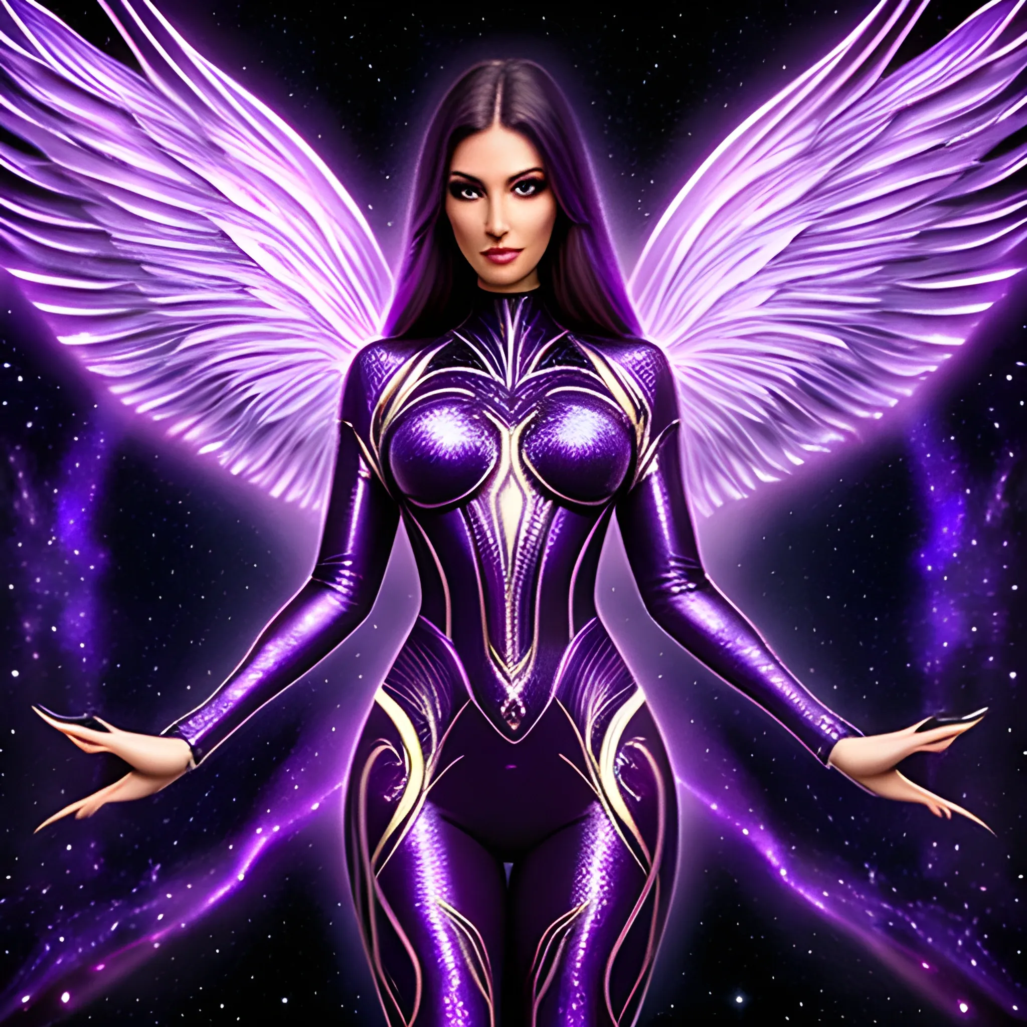 Beautiful girl wearing angel costume, mysterious space style, ultra high definition image, dark purple color, intricate pattern, Trippy