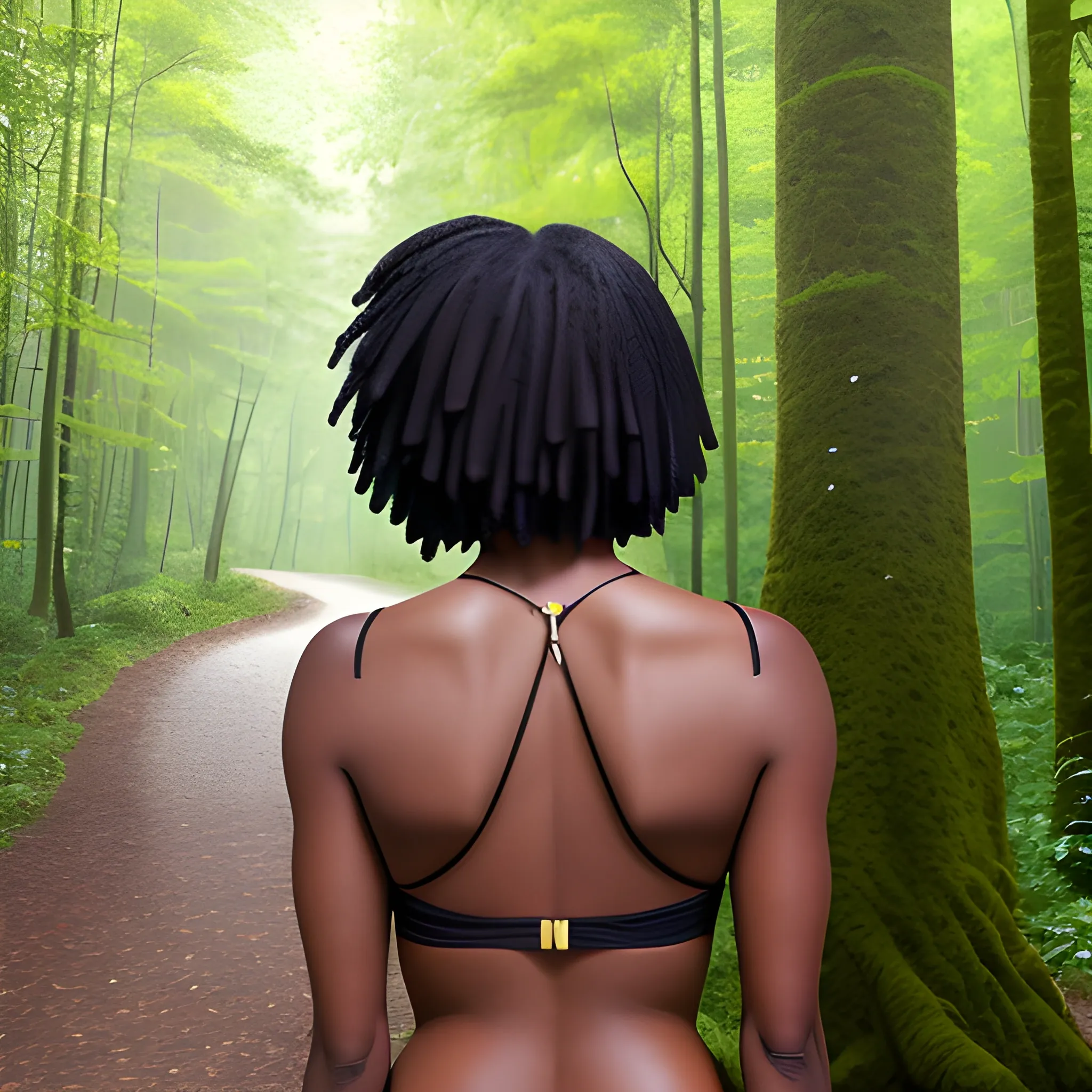 a woman in a forest with her back to the camera and a man in the background, breasts, looking_at_viewer, short_hair, multiple_girls, black_hair, 2girls, bare_shoulders, jewelry, medium_breasts, underwear, standing, panties, ass, earrings, outdoors, parted_lips, solo_focus, day, looking_back, dark_skin, from_behind, dark-skinned_female, tree, lips, crop_top, back, nature, armlet, forest, thong, realistic, bracer, bikini