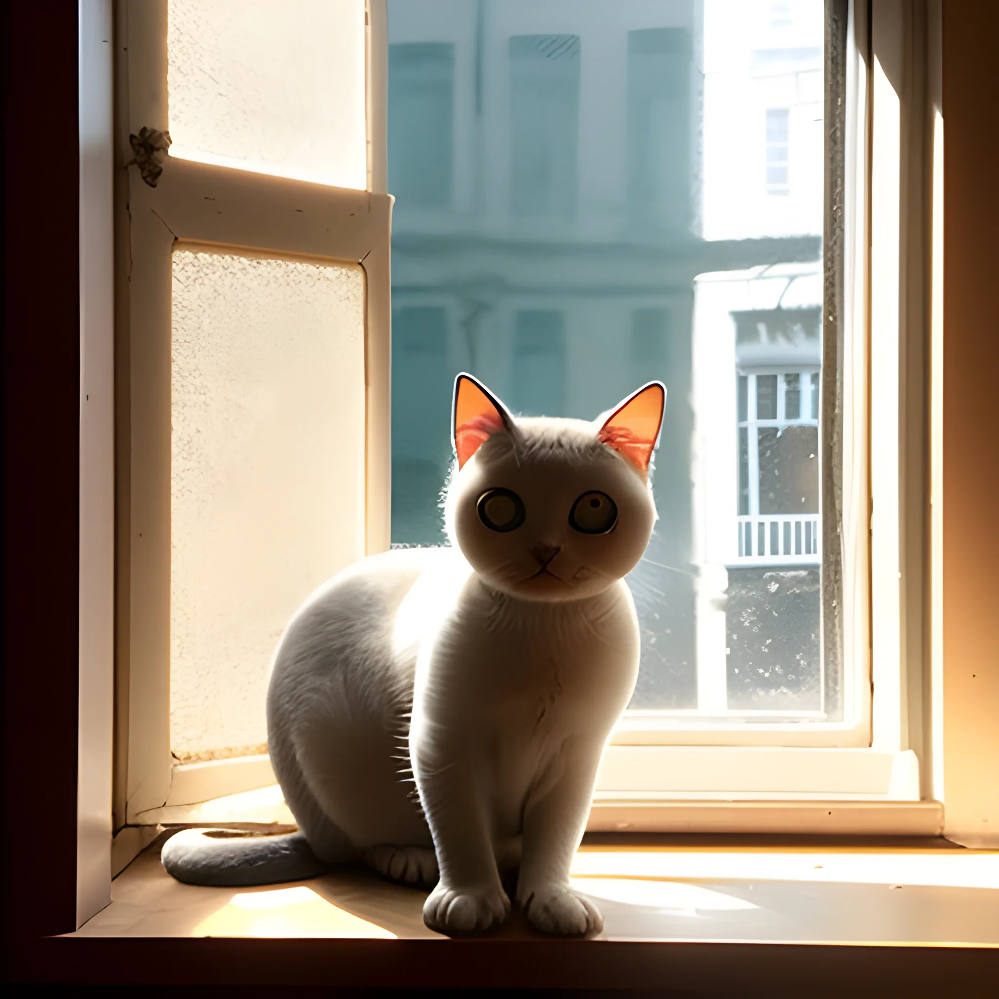 A round-eyed cute cat, At the bakery , Sunlight outside the window.
