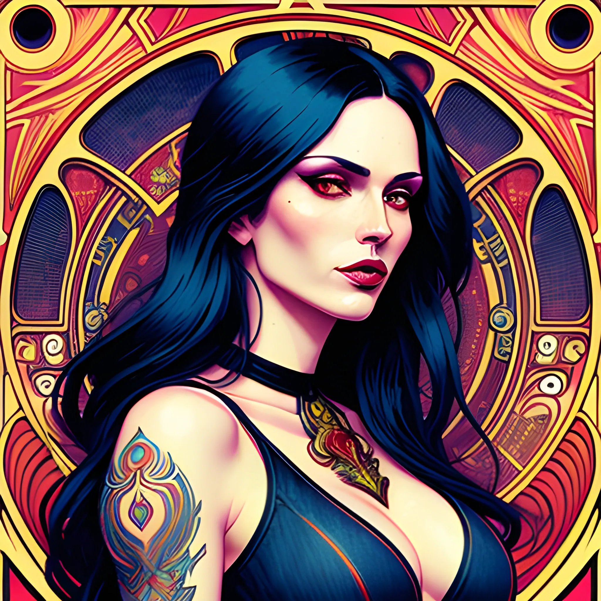 36 years old  cute atractive young woman in red tight denim shorts with long black hair strong lip augmentation Trippy  art nouveau elements with good looking.  art nouveau elements  in the background, high contrast, art  by Greg Rutkowski, intricate detail, intensive warm colors, hyper realistic, intricate detail, ,