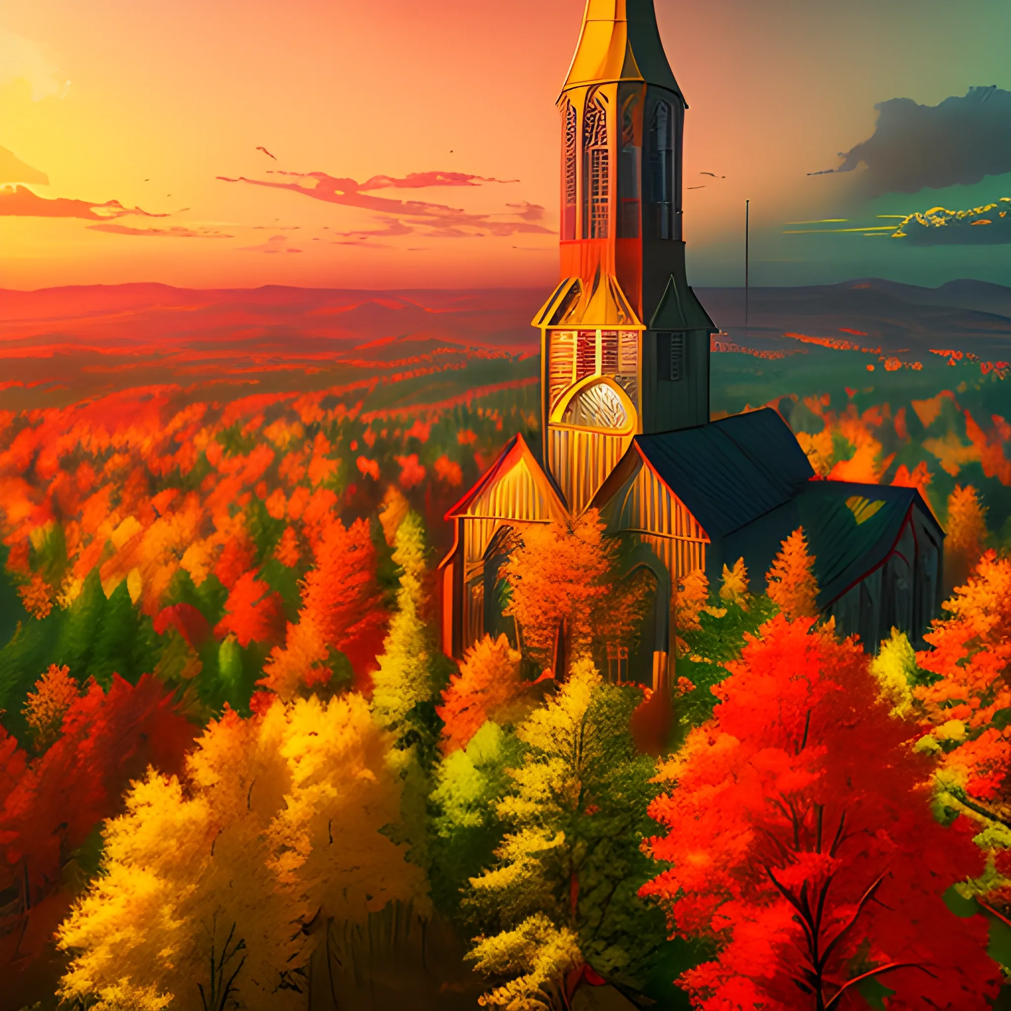 Big forest with yellow, green and red leaves at sunset, a small town with a church and a radio tower in the background, fantasy, professional canvas, triadic colors, deep color, volumetric lighting, shading with dark edges, richly detailed, matte background, style octane render, intricate, epic, crisp, vibrant, dynamic, cinematic, full atmosphere<lora:xl_more_art-full_v1:0.5>
