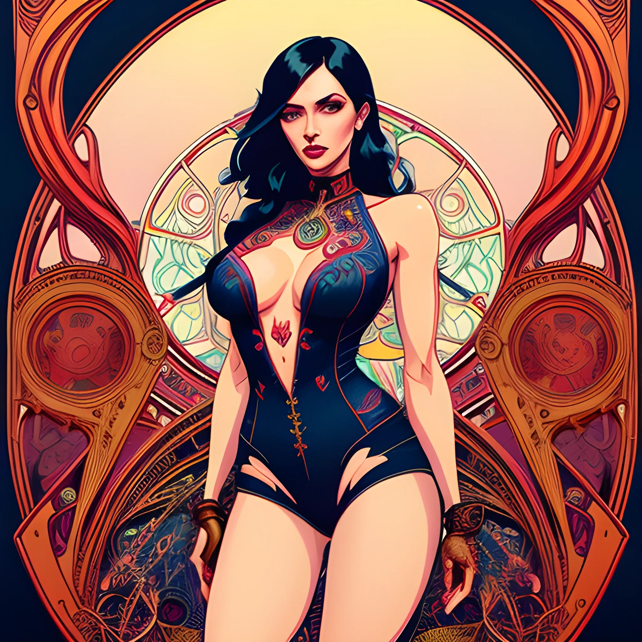 36 years old  cute atractive young woman in red tight denim shorts with long black hair strong lip augmentation Trippy  art nouveau elements with good looking.  art nouveau elements  in the background, high contrast, art  by Greg Rutkowski, intricate detail, intensive warm colors, hyper realistic, intricate detail, ,