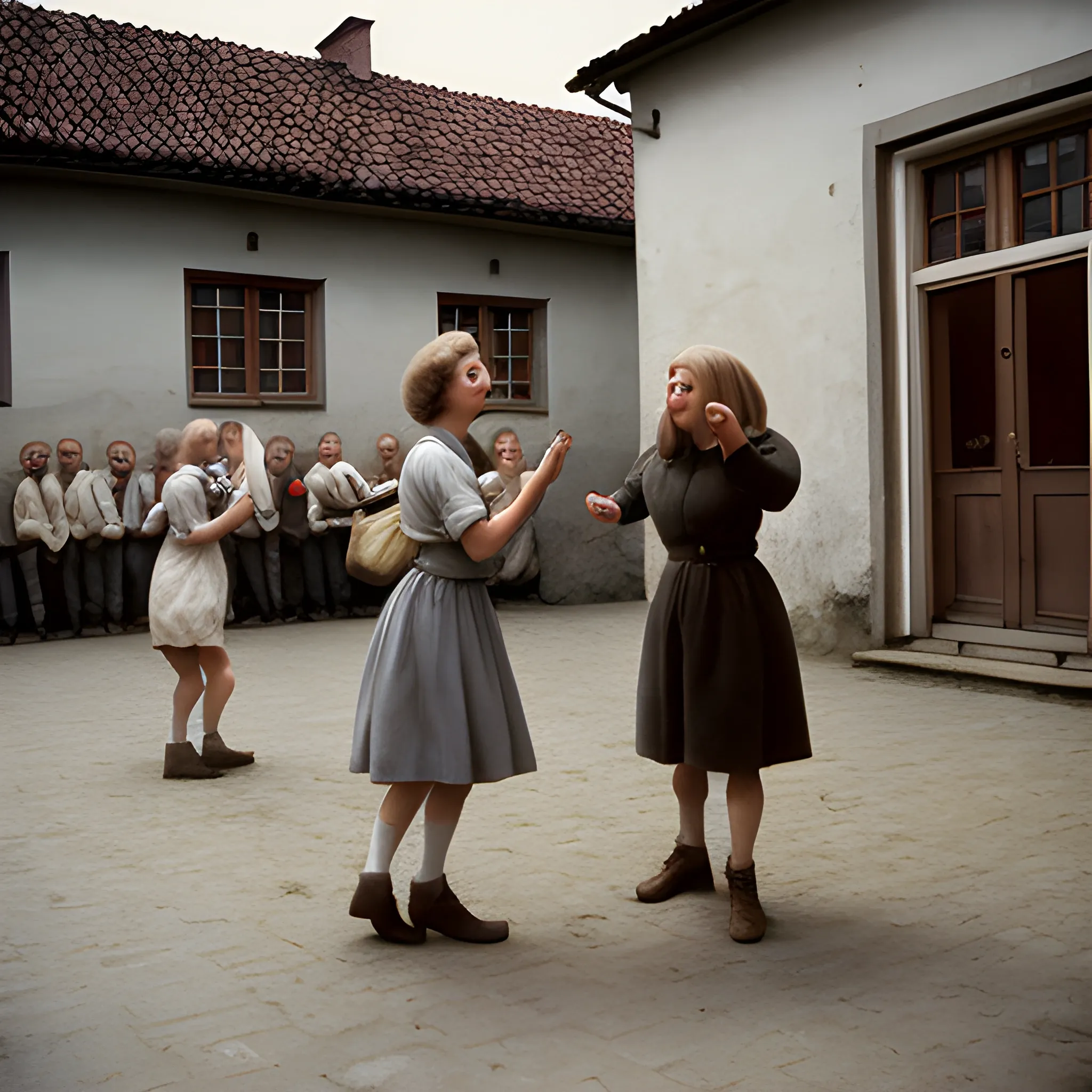 Polish people, dancing around potatoes, grey communal block, film photography, 1981, a pet goat is in the foreground, summer, courtyard, bags of potatoes, film grain, Poland, communism, historic, silly, parody, 1980s clothing, Polish, daily life, natural light, candid, highly detailed, happy people, Nowa Huta, accurate faces, textured fur, SLR, amazing quality,
