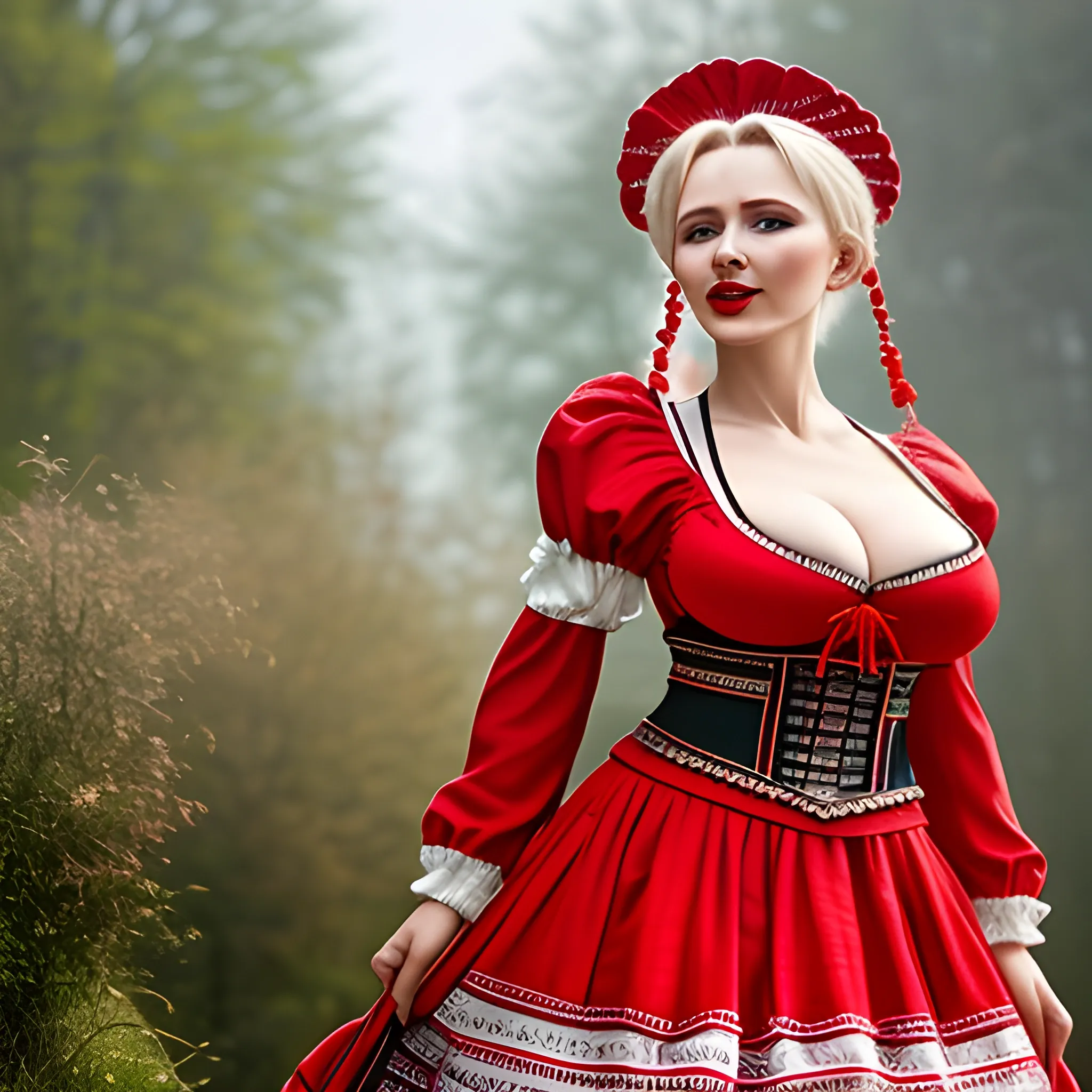 Polish Góral Woman in traditional clothing,Polish highlander woman in traditional clothing,Góralka in traditional clothing,very busty woman,cleavage,red lipstick,
