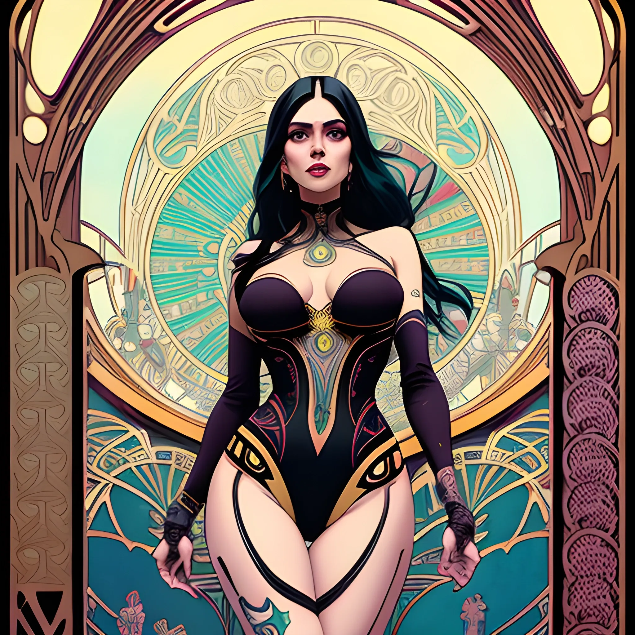 cute atractive young woman in  tight shorts with long black hair strong lip augmentation Trippy  art nouveau elements with good looking.  art nouveau elements  in the background, high contrast, art  by Greg Rutkowski, intricate detail, intensive warm colors, hyper realistic, intricate detail, ,