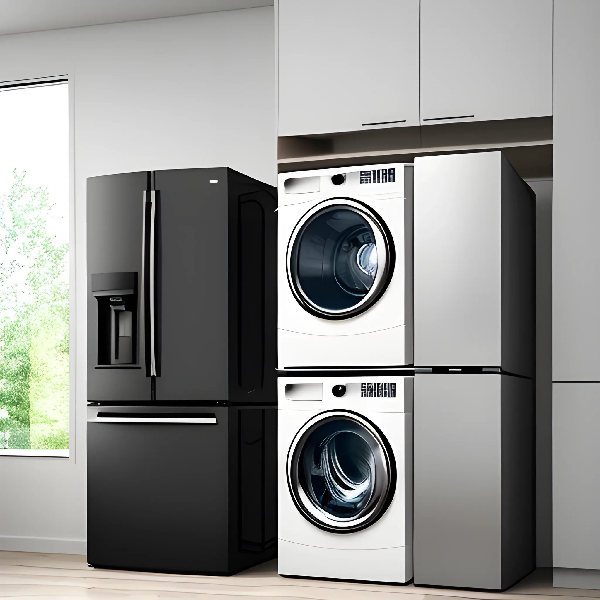 a set of household appliances standing in a group, a hyperrealistic photo, a washing machine, a refrigerator, a coffee machine, small household appliances, etc.