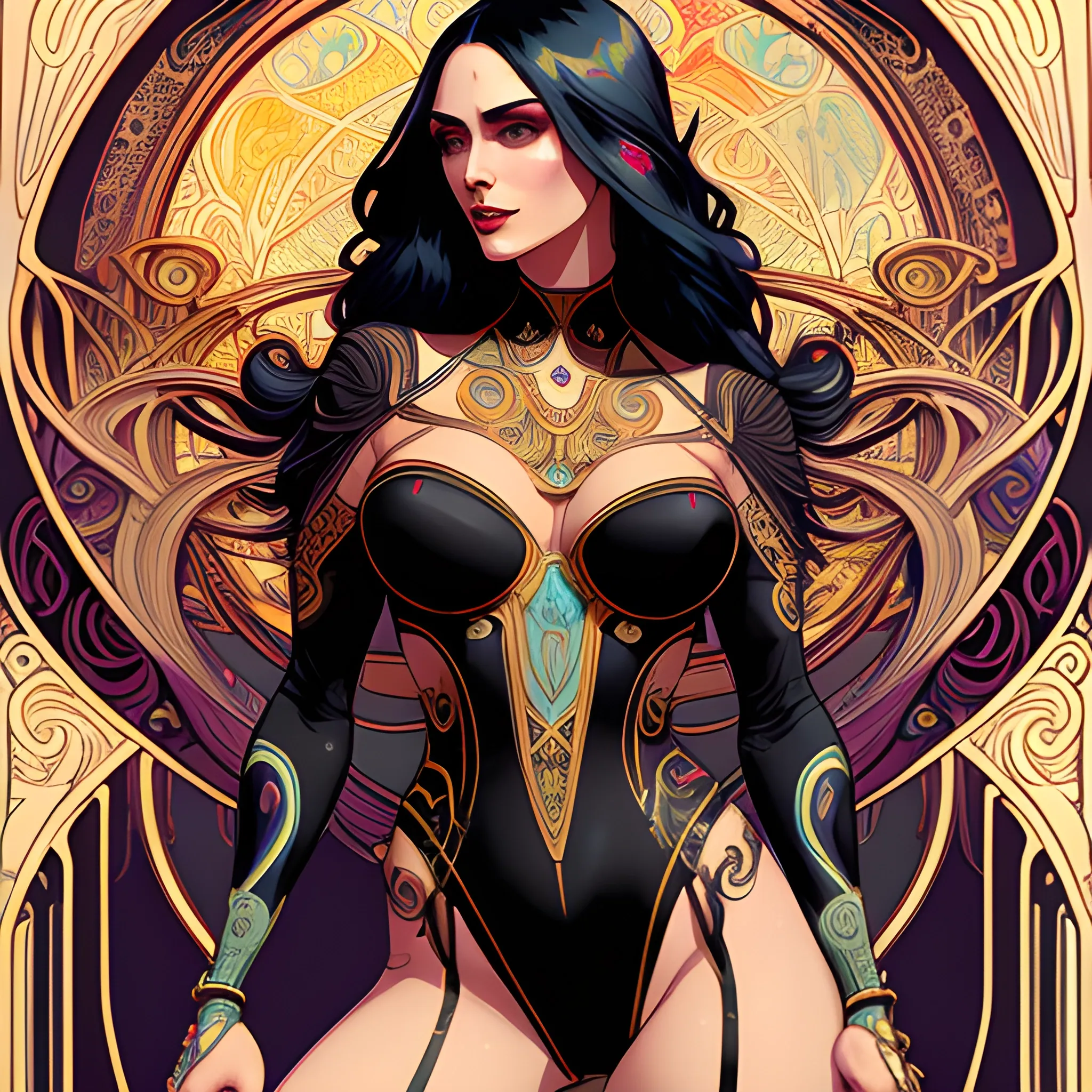 cute atractive young woman in  tight shorts with long black hair strong lip augmentation Trippy  art nouveau elements with good looking.  art nouveau elements  in the background, high contrast, art  by Greg Rutkowski, intricate detail, intensive warm colors, hyper realistic, intricate detail, ,