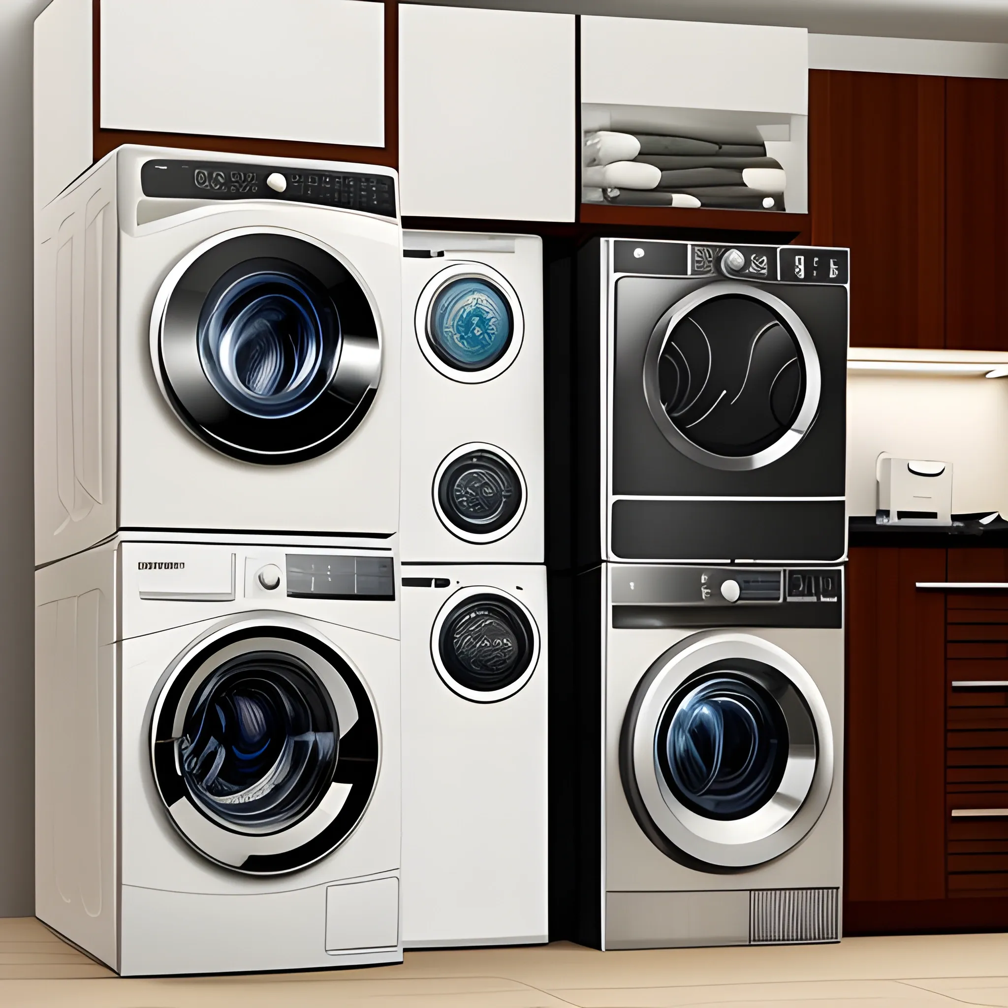 a set of household appliances standing in a group, a hyperrealistic photo, a washing machine, a refrigerator, a coffee machine, an LCD TV, a radio, a record player, small household appliances accessories, etc.