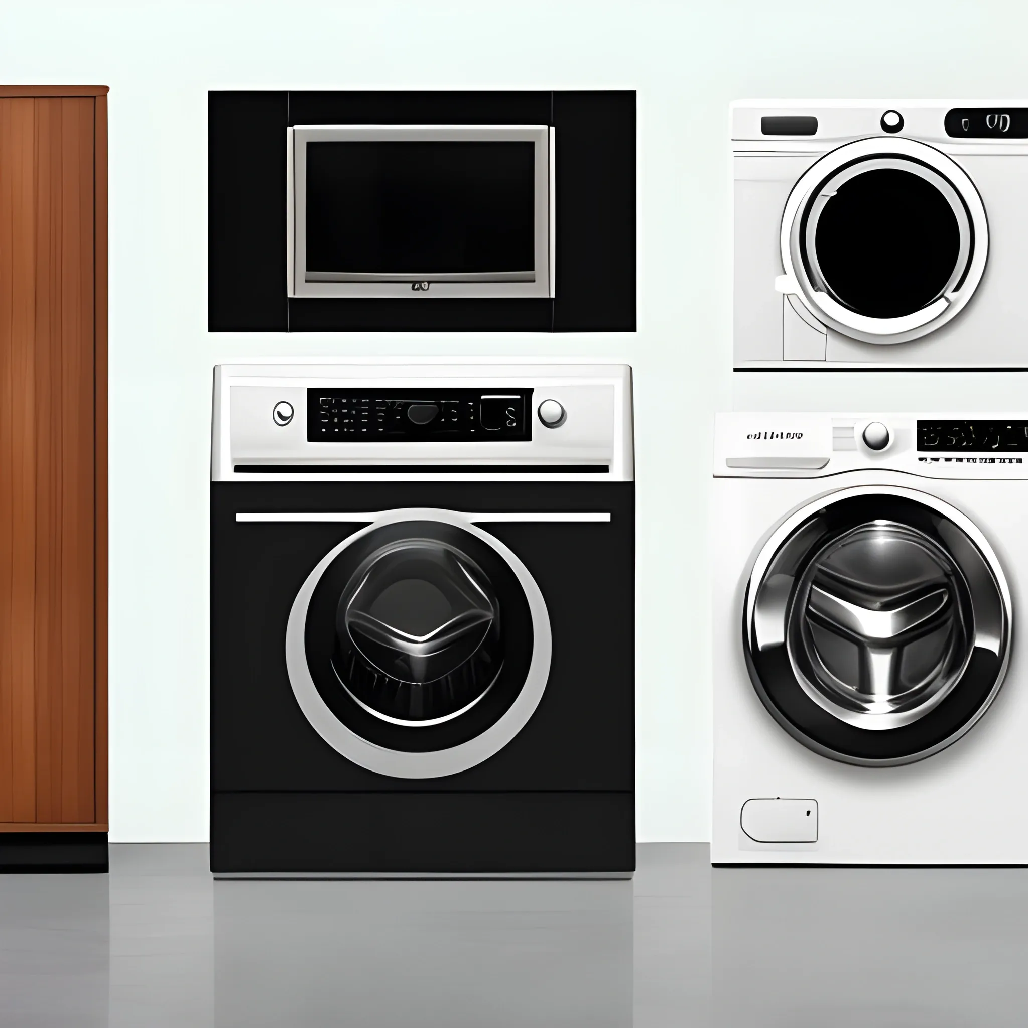 a set of modern household appliances standing in a group, a hyperrealistic photo, a washing machine, a refrigerator, a coffee machine, a modern LCD TV, a radio, a record player, small household appliances accessories, etc.