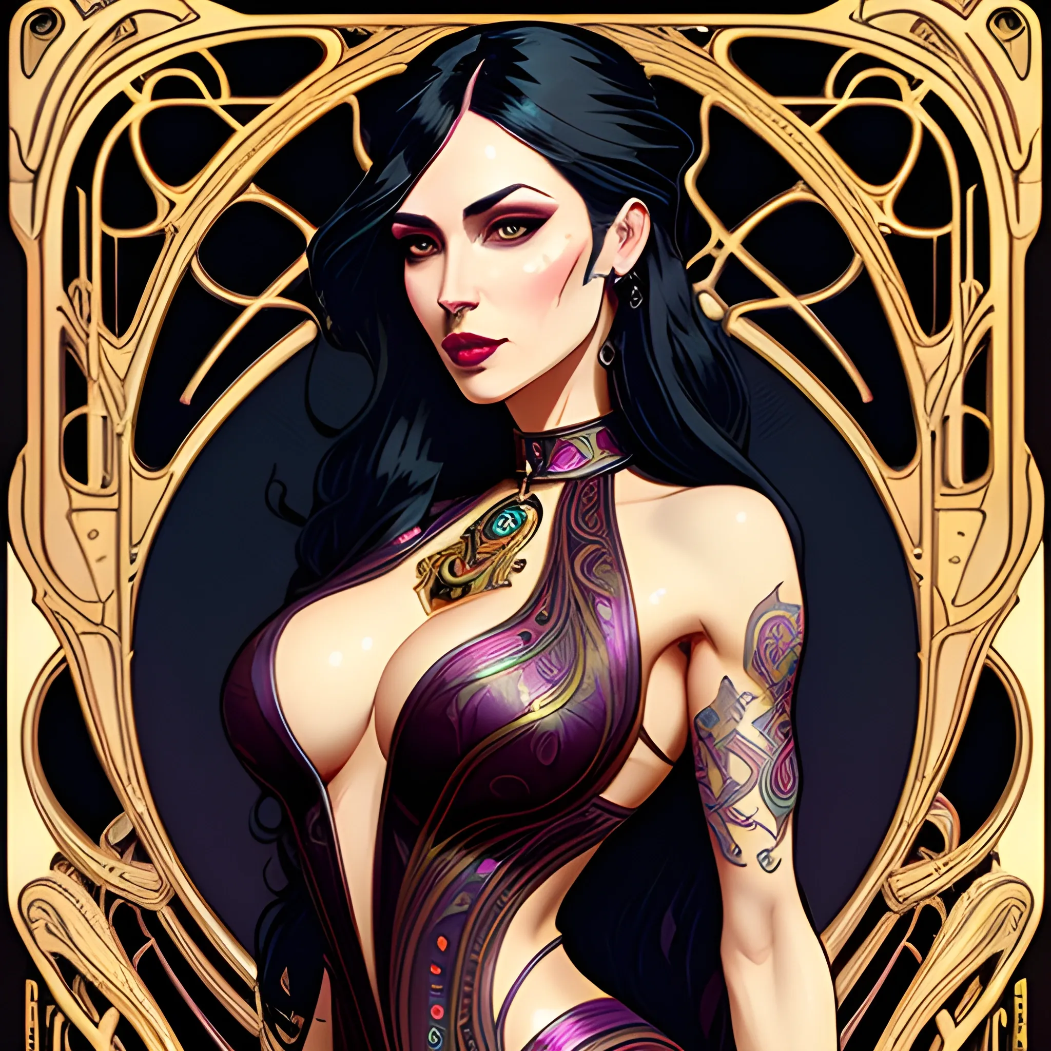 cute atractive young girl in  tight shorts with long black hair strong lip augmentation Trippy  art nouveau elements with good looking.  art nouveau elements  in the background, high contrast, art  by Greg Rutkowski, intricate detail, intensive warm colors, hyper realistic, intricate detail, ,