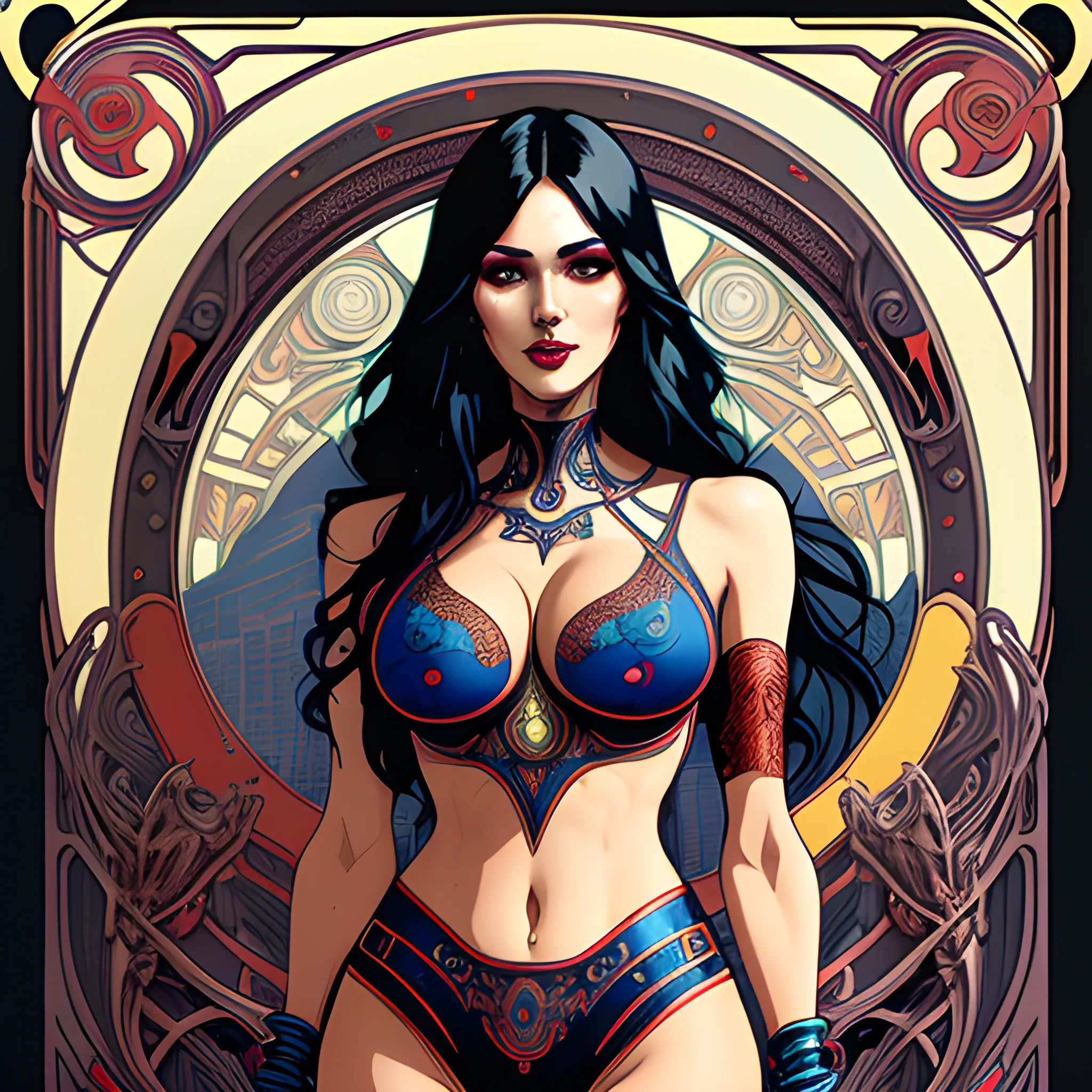 cute atractive young girl in  tight shorts with long black hair strong lip augmentation Trippy  art nouveau elements with good looking.  art nouveau elements  in the background, high contrast, red, silver, blue, art  by Greg Rutkowski, intricate detail, intensive warm colors, hyper realistic, intricate detail, ,