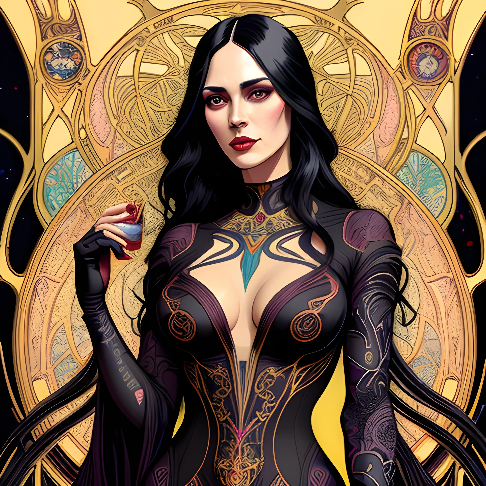 cute atractive young asian girl long black hair strong lip augmentation Trippy  art nouveau elements with good looking.  art nouveau elements  in the background, high contrast, art  by Greg Rutkowski, intricate detail, intensive warm colors, hyper realistic, intricate detail, ,