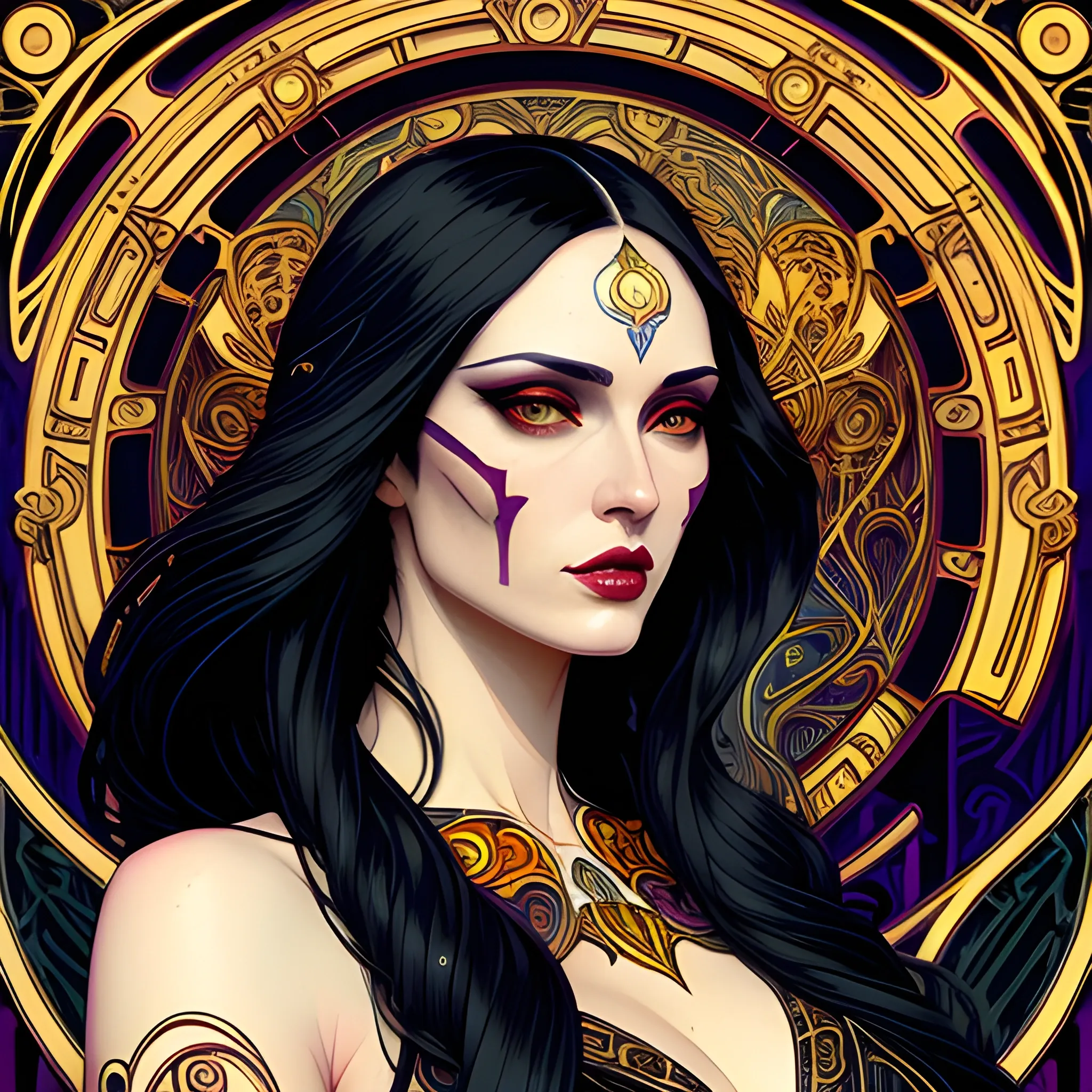 cute atractive young asian girl long black hair strong lip augmentation Trippy  art nouveau elements with good looking.  art nouveau elements  in the background, high contrast, art  by Greg Rutkowski, intricate detail, intensive warm colors, hyper realistic, intricate detail, ,