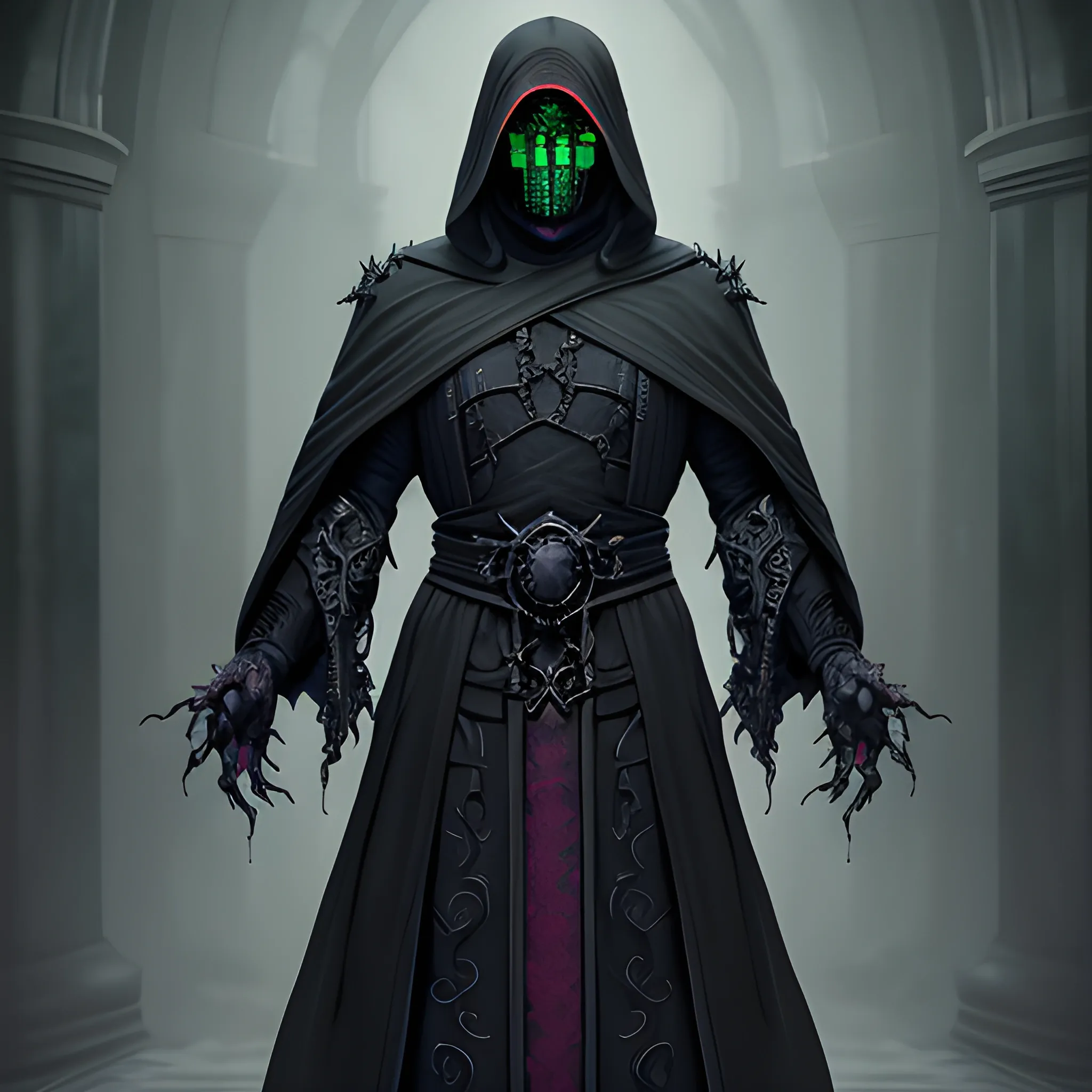 necromancer, black robe, layered robed, featureless mask, full b ...