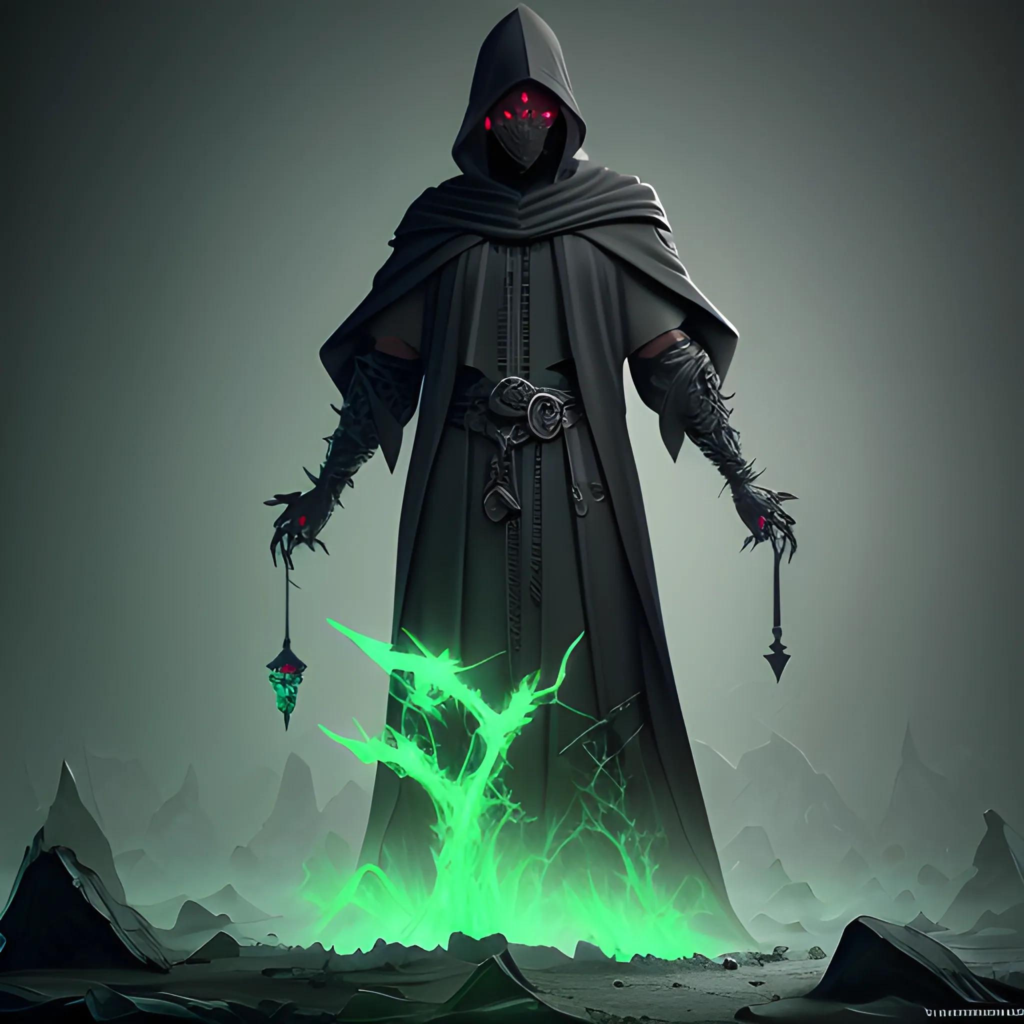 Male Necromancer, Layered Black robes, Featureless smooth mask, Wisps of green energy on the hands, Shards of Emeralds on the cloths, full body view, 8k, high resolution, high quality, photorealistic, hyperrealistic, detailed, detailed matte painting, deep color, fantastical, intricate detail, splash screen, complementary colors, fantasy concept art, 8k resolution trending on Artstation Unreal Engine 5
