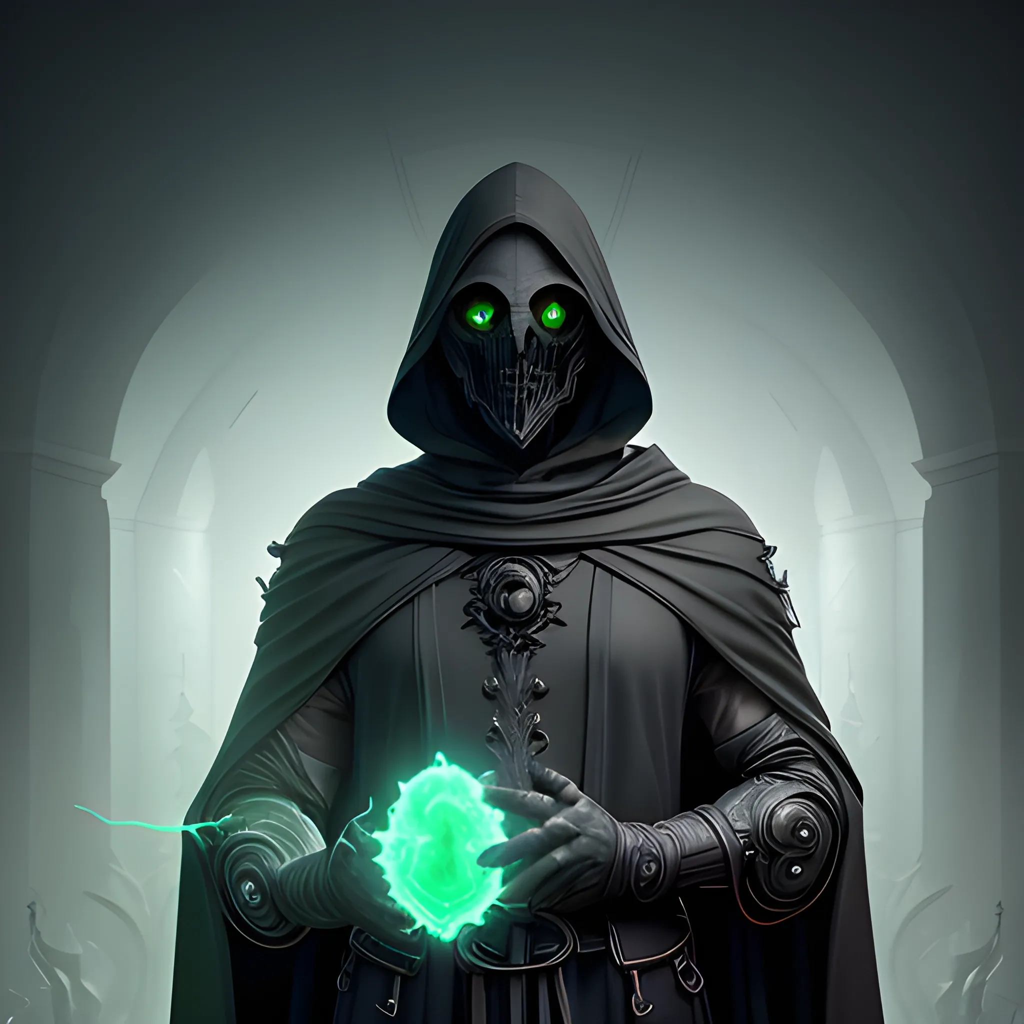 Male Necromancer, Layered Black robes, Featureless smooth mask, Wisps of green energy on the hands, full body view, 8k, high resolution, high quality, photorealistic, hyperrealistic, detailed, detailed matte painting, deep color, fantastical, intricate detail, splash screen, complementary colors, fantasy concept art, 8k resolution trending on Artstation Unreal Engine 5
