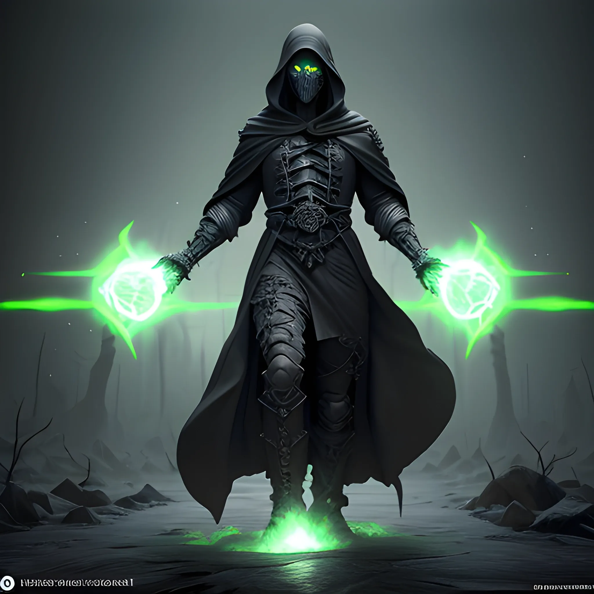 Male Necromancer, Layered Black robes, Featureless smooth mask, Wisps of green energy on the hands, full body view, 8k, high resolution, high quality, photorealistic, hyperrealistic, detailed, detailed matte painting, deep color, fantastical, intricate detail, splash screen, complementary colors, fantasy concept art, 8k resolution trending on Artstation Unreal Engine 5