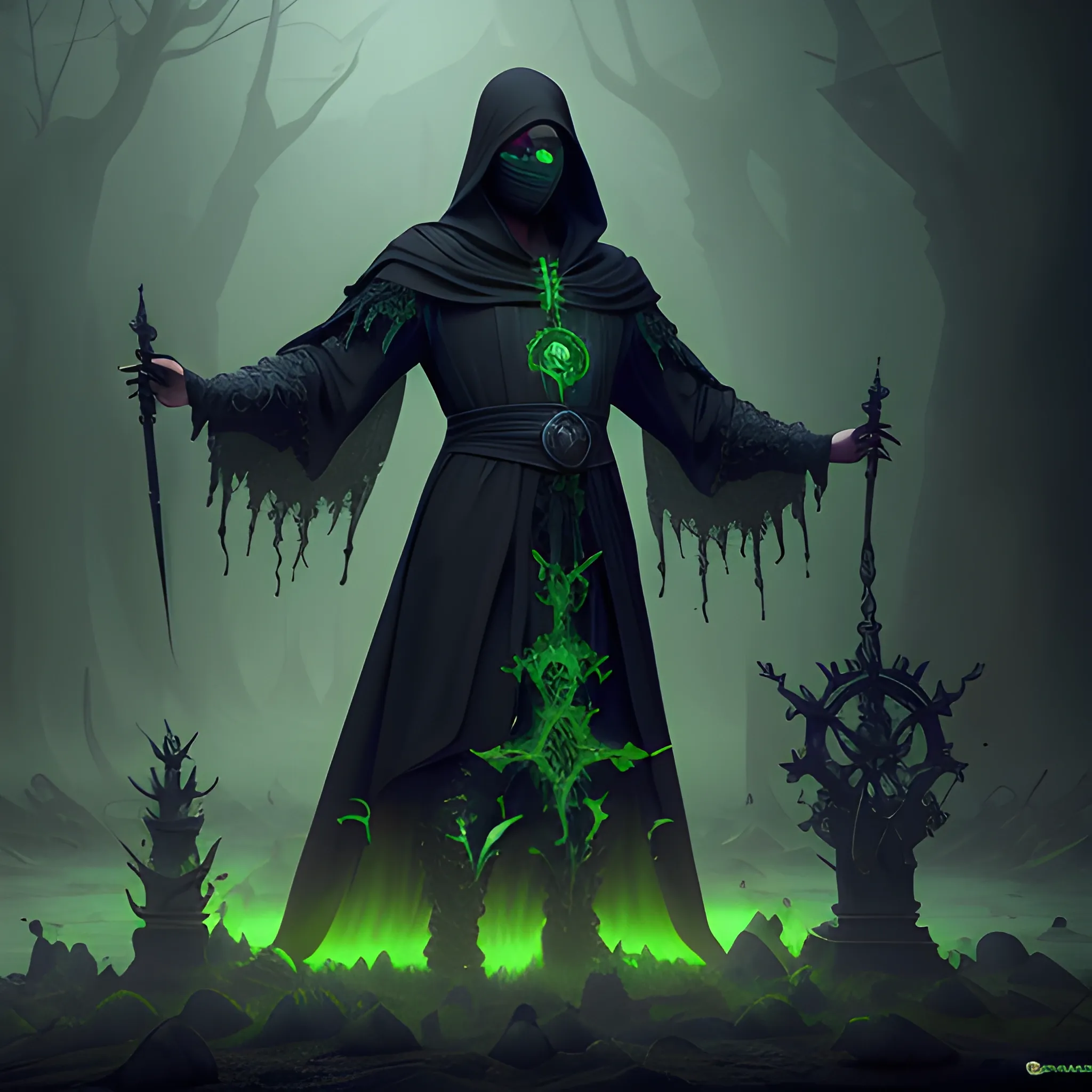 Male Necromancer, Layered Black robes, Featureless smooth mask ...