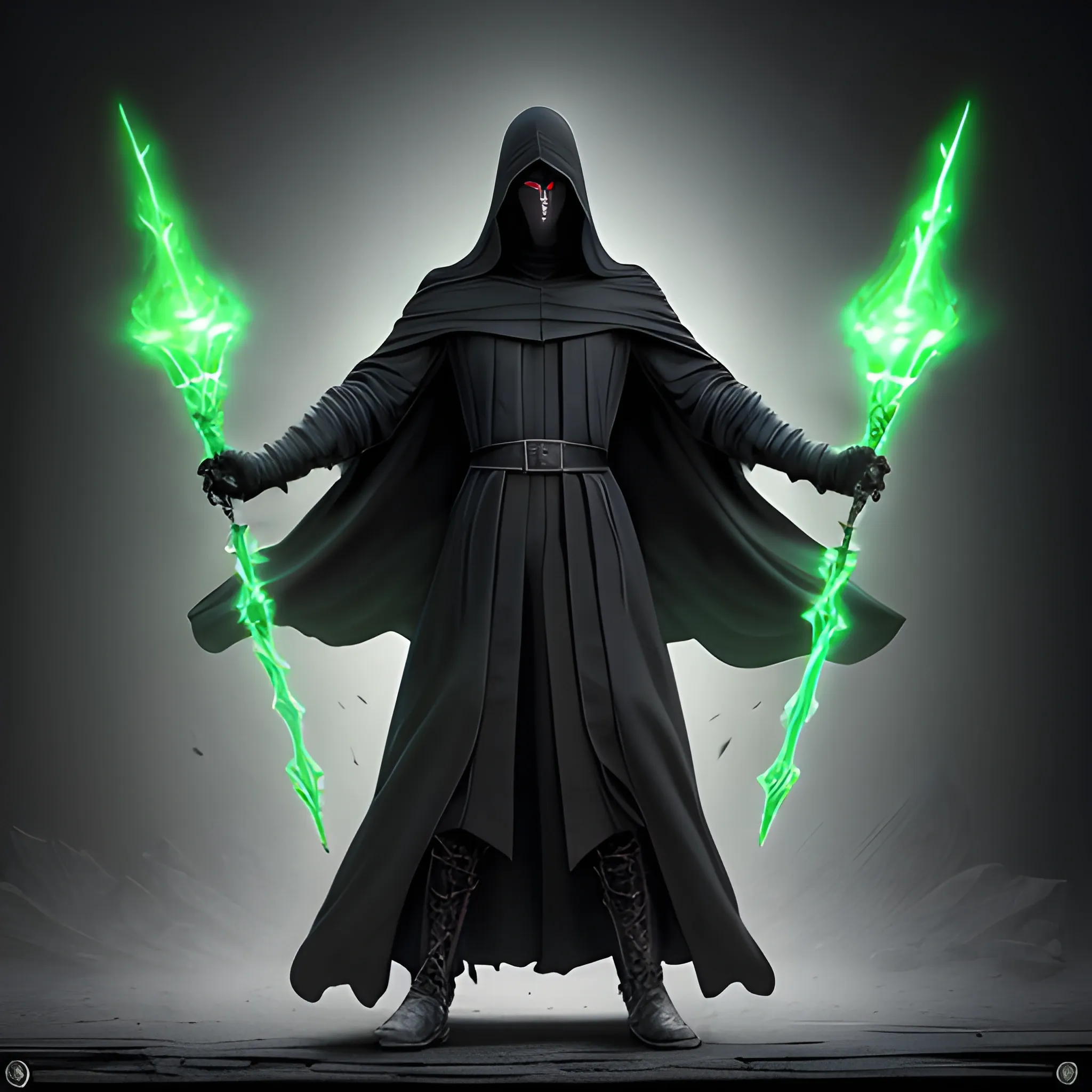 male necromancer, long black robes, layered black robes, hooded black cloak, featureless smooth mask, black gauntlet hands, wisps of green energy on the hands, no skin showing, full body view, 8k, high resolution, high quality, photorealistic, hyperrealistic, detailed, detailed matte painting, deep color, fantastical, intricate detail, splash screen, fantasy concept art