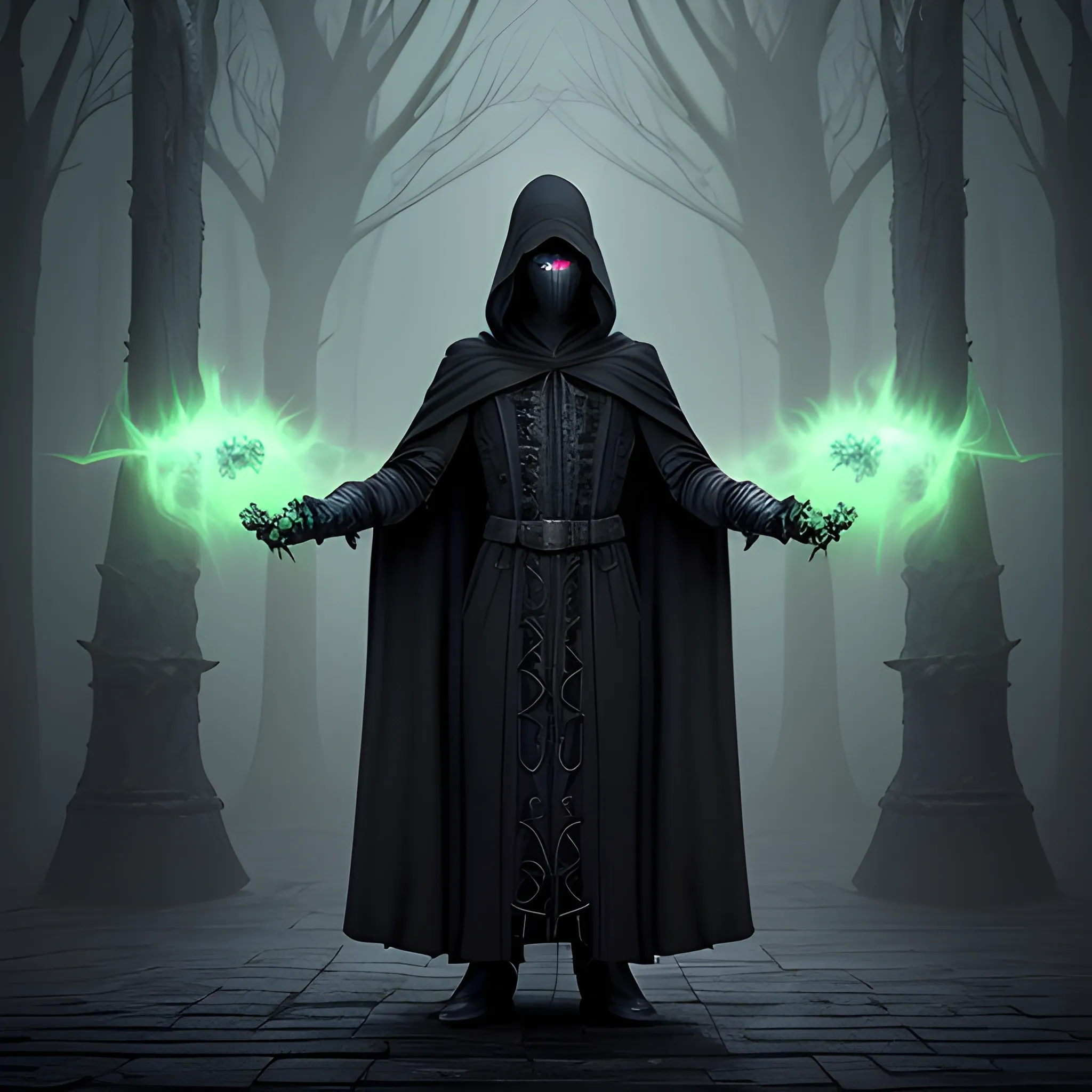 male necromancer, long black robes, layered black robes, hooded black cloak, featureless smooth mask, black gauntlet hands, wisps of green energy on the hands, no skin showing, full body view, 8k, high resolution, high quality, photorealistic, hyperrealistic, detailed, detailed matte painting, deep color, fantastical, intricate detail, splash screen, fantasy concept art