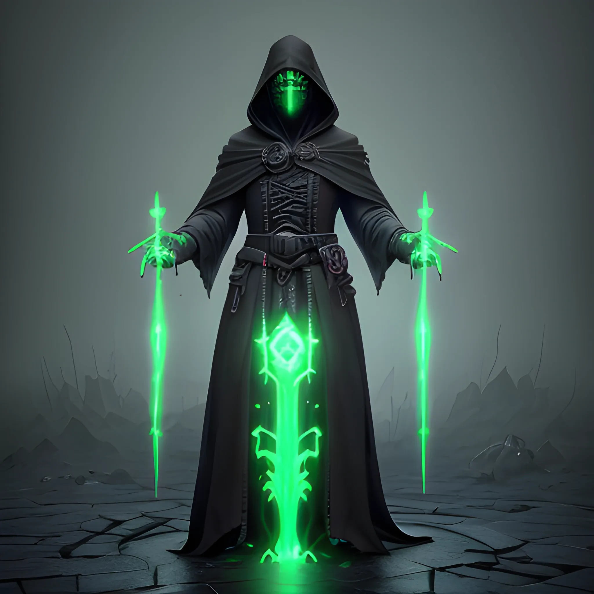 necromancer, black robe, layered robed, featureless mask, Wisps of green energy on the hands, full body view, 8k, high resolution, high quality, photorealistic, hyperrealistic, detailed, detailed matte painting, deep color, fantastical, intricate detail, splash screen, emerald secondary colors, fantasy concept art, 8k resolution trending on Artstation Unreal Engine 5

