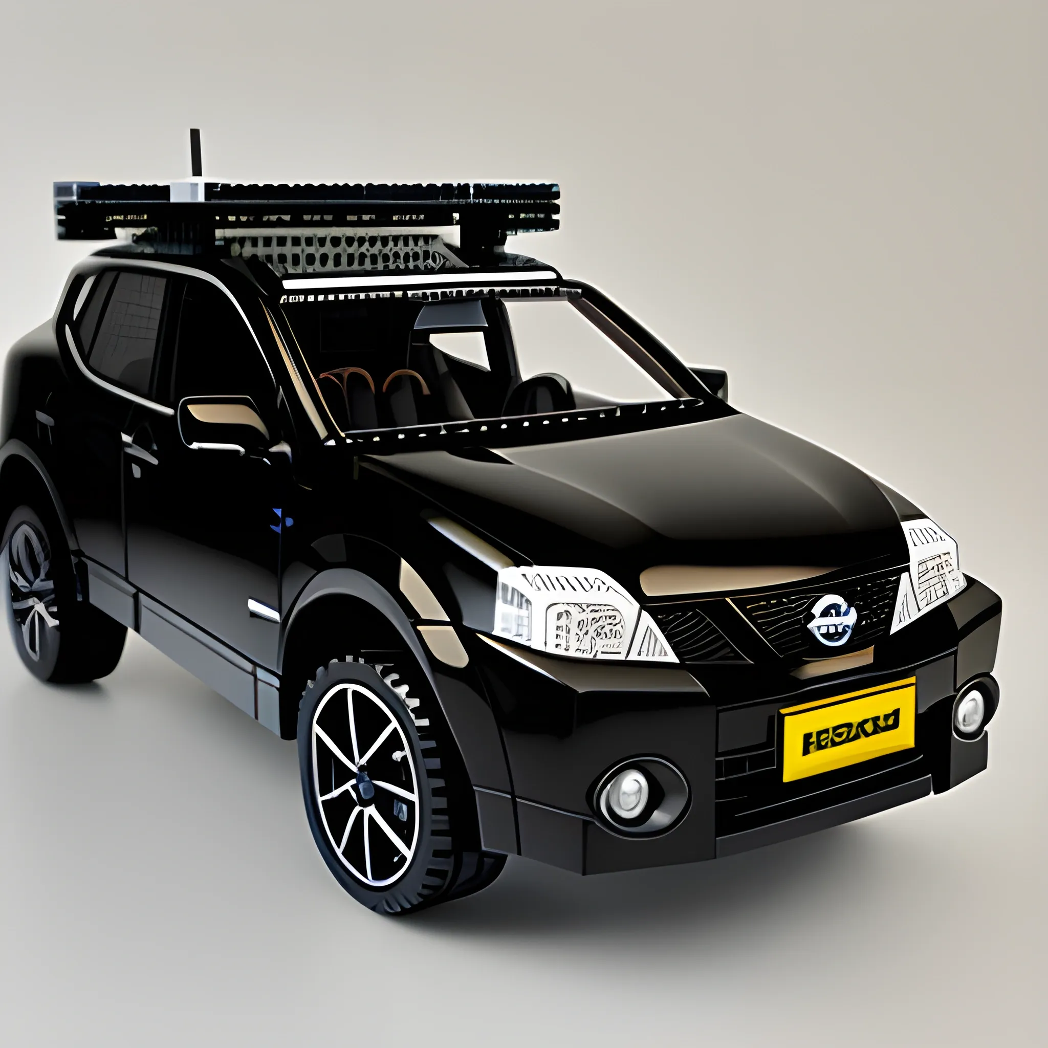 Photo of a lego set of a complete all black Nissan qashqai 2008 j10, without roof rails, product photo, professional

